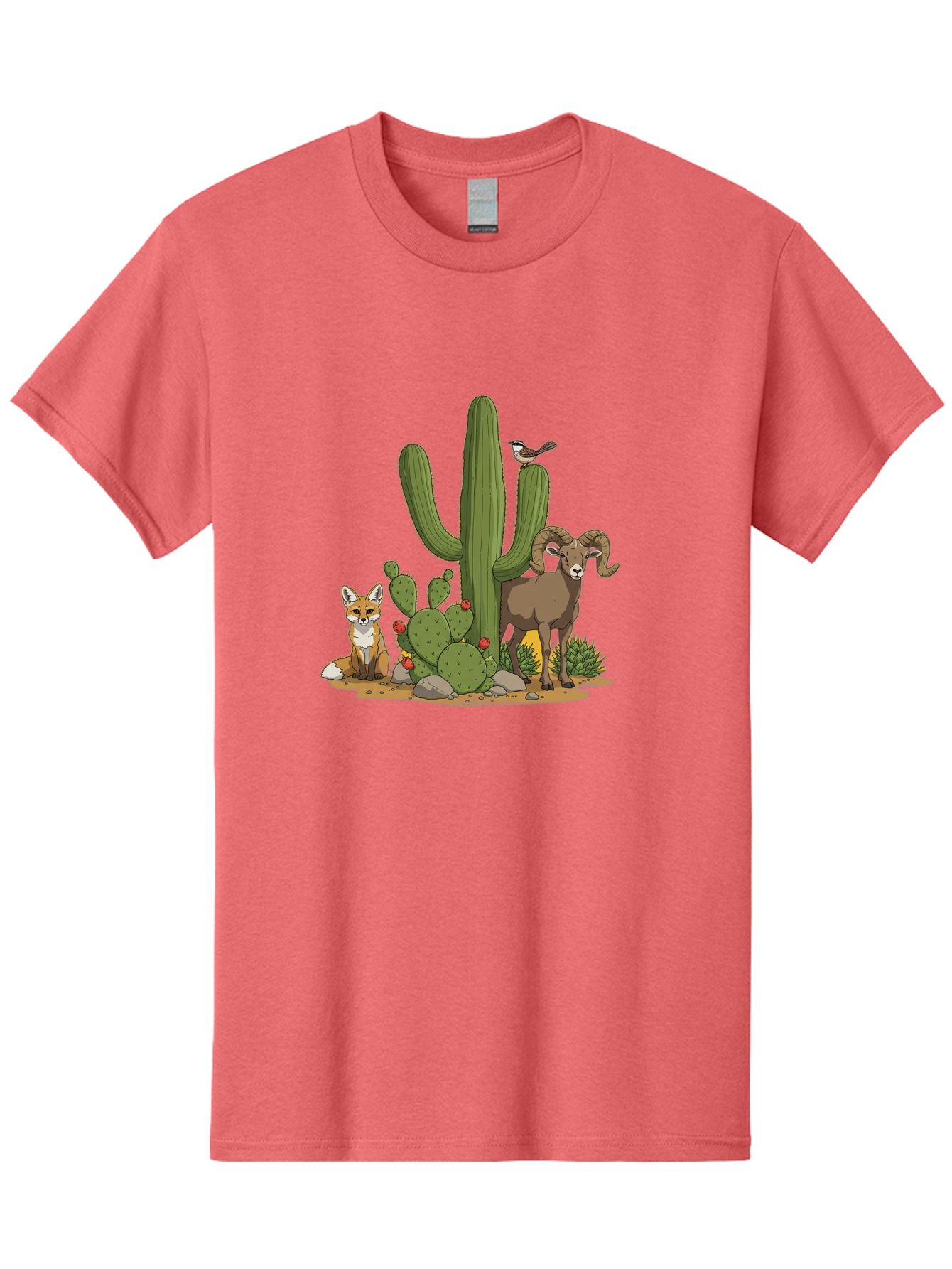 Desert-Animals Men'S Graphic Tee, 100% Cotton, Comfortable Casual Summer Wear, Machine Washable, Desert Wildlife, Coyote Sitting, Bighorn Sheep Standing, Bird Perched On Cactus, Cactus With Red Flowers, Desert Landscape, Wild Animals, Bac984