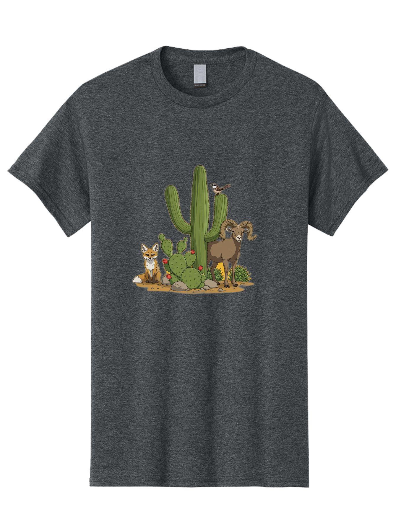 Desert-Animals Men'S Graphic Tee, 100% Cotton, Comfortable Casual Summer Wear, Machine Washable, Desert Wildlife, Coyote Sitting, Bighorn Sheep Standing, Bird Perched On Cactus, Cactus With Red Flowers, Desert Landscape, Wild Animals, Bac984