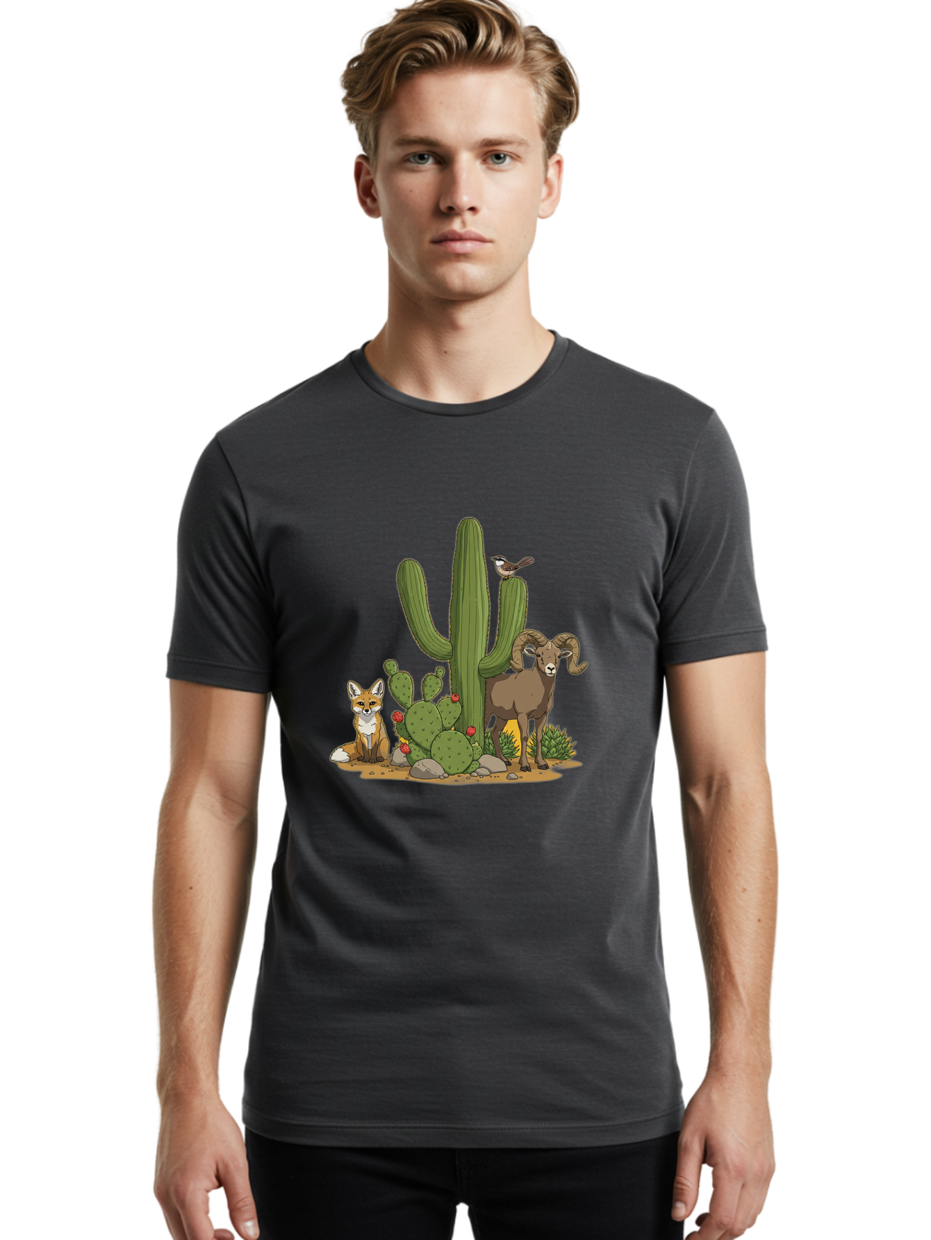 Desert-Animals Men'S Graphic Tee, 100% Cotton, Comfortable Casual Summer Wear, Machine Washable, Desert Wildlife, Coyote Sitting, Bighorn Sheep Standing, Bird Perched On Cactus, Cactus With Red Flowers, Desert Landscape, Wild Animals, Bac984