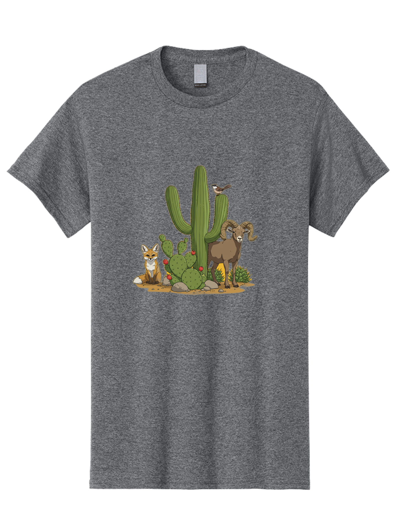 Desert-Animals Men'S Graphic Tee, 100% Cotton, Comfortable Casual Summer Wear, Machine Washable, Desert Wildlife, Coyote Sitting, Bighorn Sheep Standing, Bird Perched On Cactus, Cactus With Red Flowers, Desert Landscape, Wild Animals, Bac984