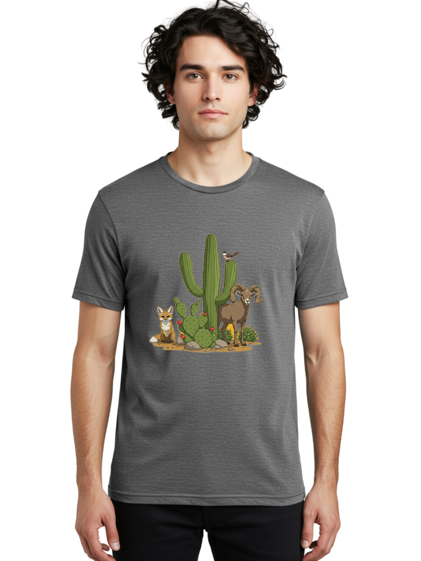 Desert-Animals Men'S Graphic Tee, 100% Cotton, Comfortable Casual Summer Wear, Machine Washable, Desert Wildlife, Coyote Sitting, Bighorn Sheep Standing, Bird Perched On Cactus, Cactus With Red Flowers, Desert Landscape, Wild Animals, Bac984