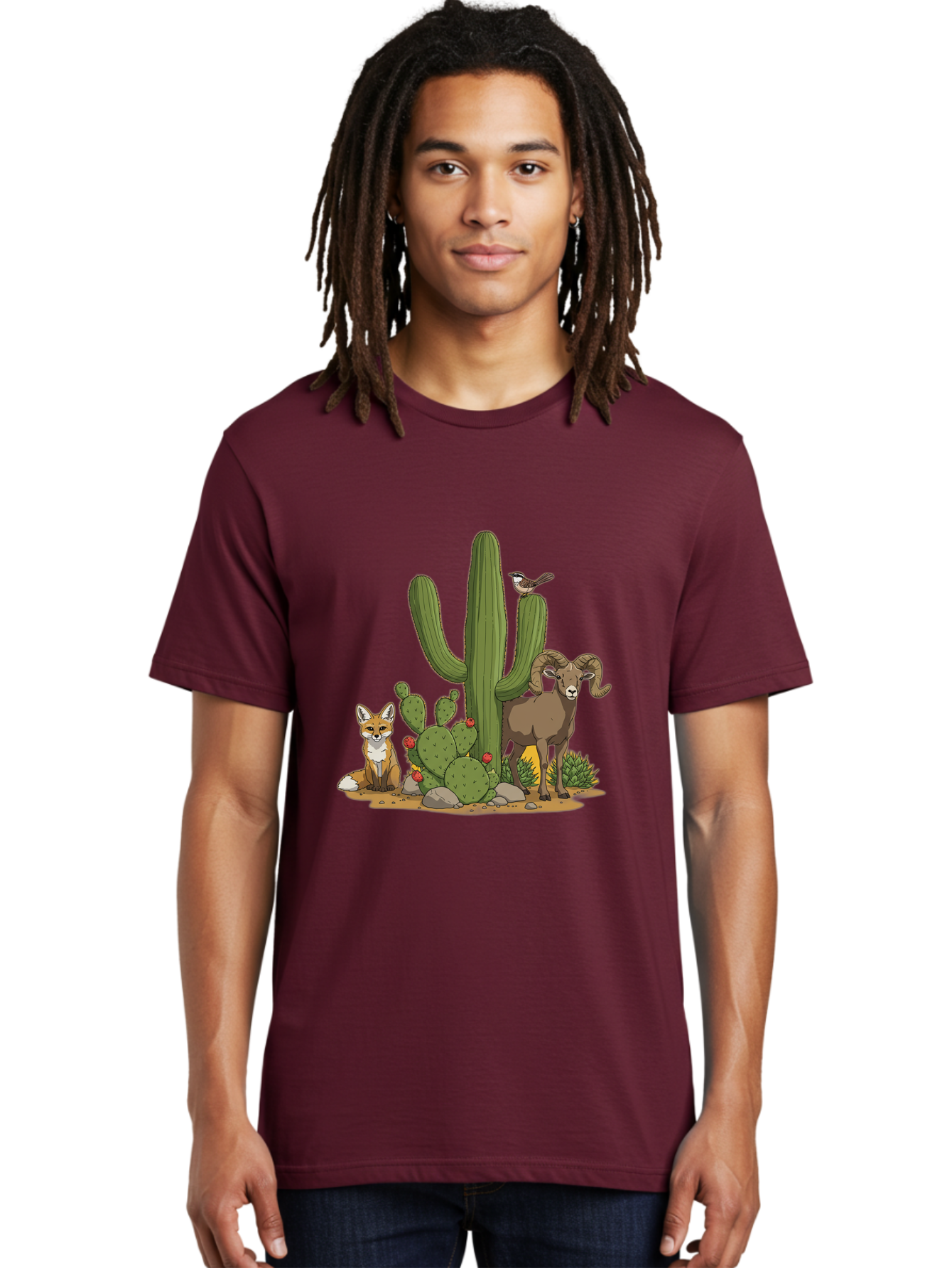 Desert-Animals Men'S Graphic Tee, 100% Cotton, Comfortable Casual Summer Wear, Machine Washable, Desert Wildlife, Coyote Sitting, Bighorn Sheep Standing, Bird Perched On Cactus, Cactus With Red Flowers, Desert Landscape, Wild Animals, Bac984