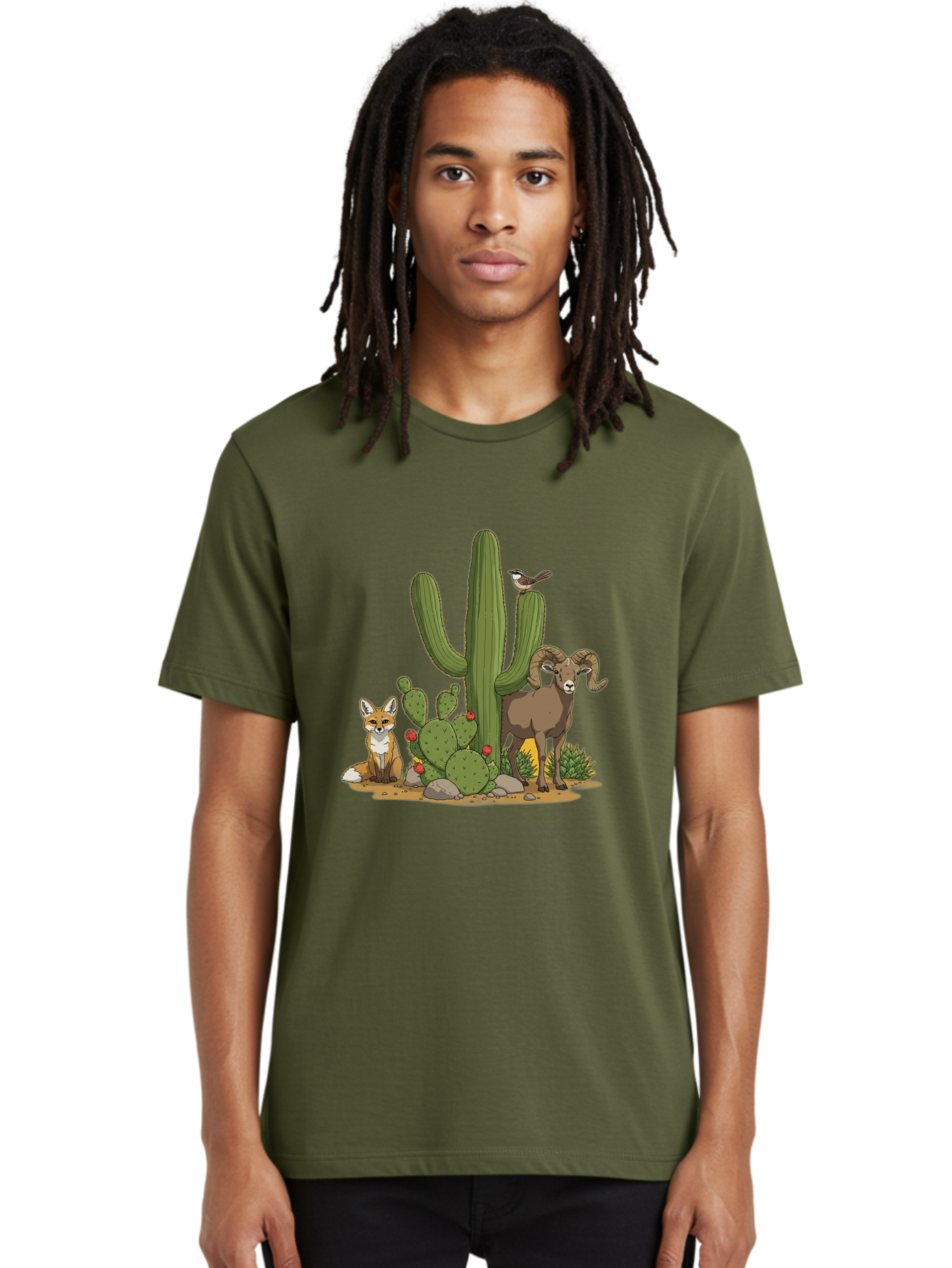 Desert-Animals Men'S Graphic Tee, 100% Cotton, Comfortable Casual Summer Wear, Machine Washable, Desert Wildlife, Coyote Sitting, Bighorn Sheep Standing, Bird Perched On Cactus, Cactus With Red Flowers, Desert Landscape, Wild Animals, Bac984