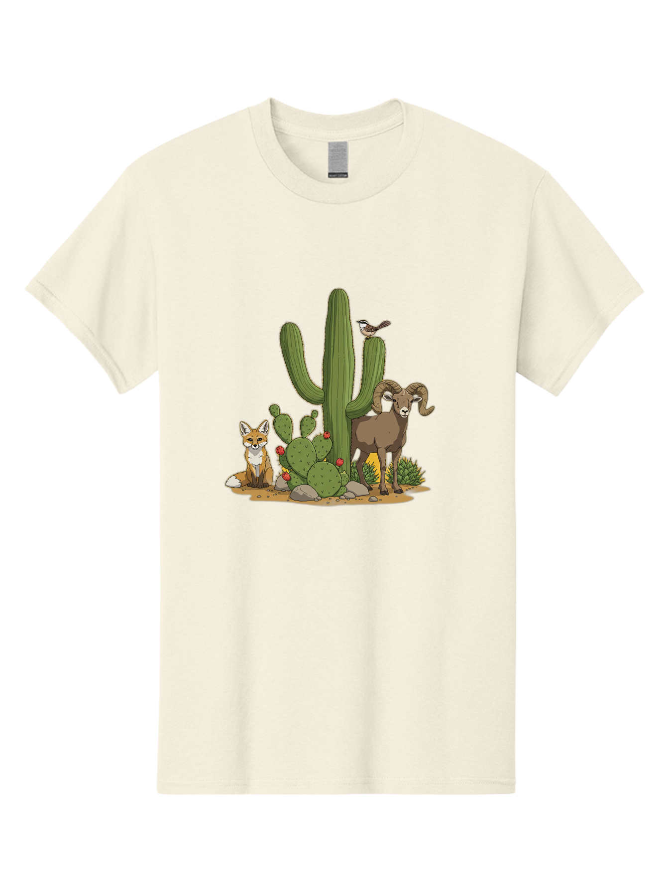 Desert-Animals Men'S Graphic Tee, 100% Cotton, Comfortable Casual Summer Wear, Machine Washable, Desert Wildlife, Coyote Sitting, Bighorn Sheep Standing, Bird Perched On Cactus, Cactus With Red Flowers, Desert Landscape, Wild Animals, Bac984