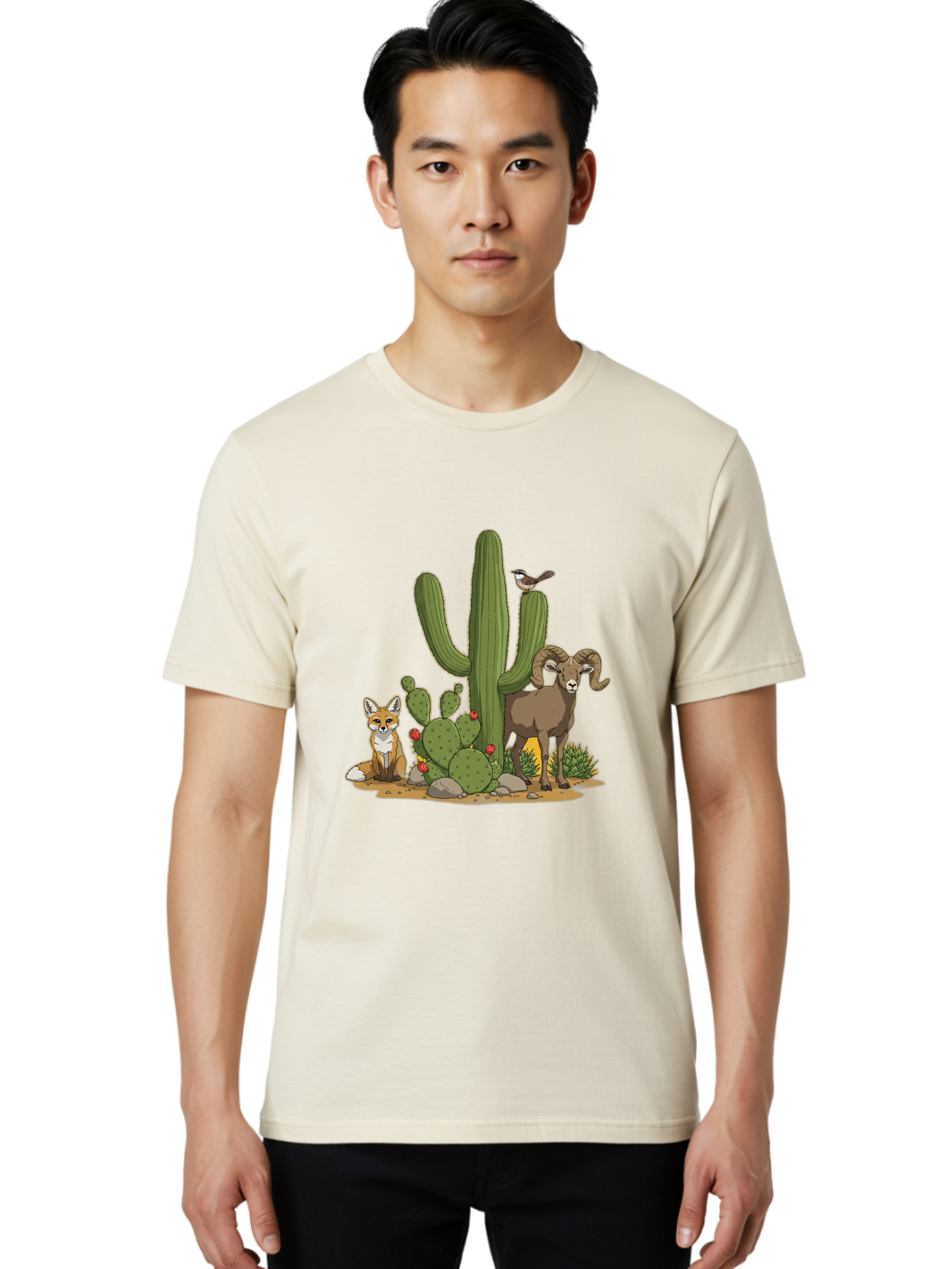 Desert-Animals Men'S Graphic Tee, 100% Cotton, Comfortable Casual Summer Wear, Machine Washable, Desert Wildlife, Coyote Sitting, Bighorn Sheep Standing, Bird Perched On Cactus, Cactus With Red Flowers, Desert Landscape, Wild Animals, Bac984