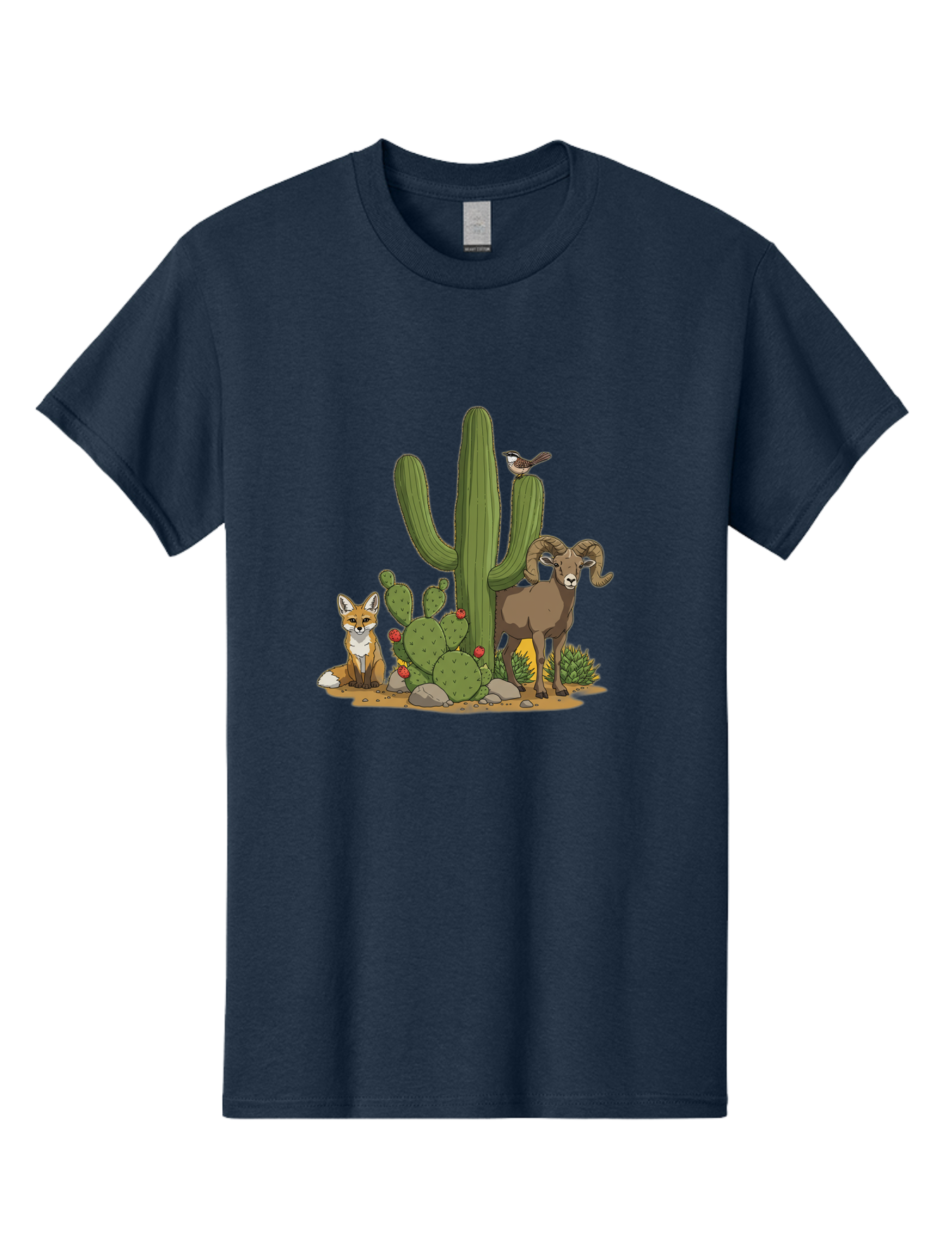 Desert-Animals Men'S Graphic Tee, 100% Cotton, Comfortable Casual Summer Wear, Machine Washable, Desert Wildlife, Coyote Sitting, Bighorn Sheep Standing, Bird Perched On Cactus, Cactus With Red Flowers, Desert Landscape, Wild Animals, Bac984