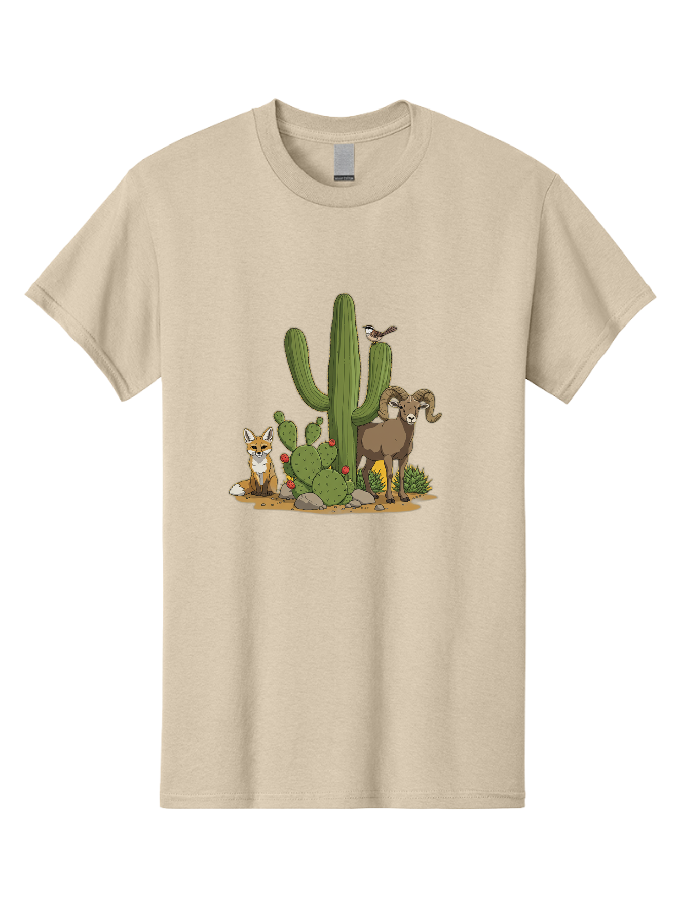 Desert-Animals Men'S Graphic Tee, 100% Cotton, Comfortable Casual Summer Wear, Machine Washable, Desert Wildlife, Coyote Sitting, Bighorn Sheep Standing, Bird Perched On Cactus, Cactus With Red Flowers, Desert Landscape, Wild Animals, Bac984