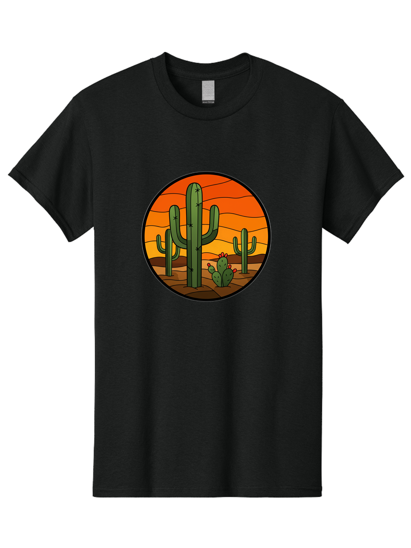 Desert-Cacti-At-Sunset Men'S Graphic Tee, 100% Cotton, Comfortable Casual Summer Wear, Machine Washable, Desert Landscape, Cacti, Saguaro Cactus, Sunset, Orange Sky, Warm Colors, Desert Scenery, Dry Terrain, Prickly Pear Cactus, Bac985