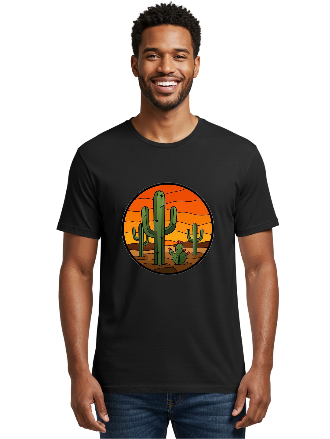 Desert-Cacti-At-Sunset Men'S Graphic Tee, 100% Cotton, Comfortable Casual Summer Wear, Machine Washable, Desert Landscape, Cacti, Saguaro Cactus, Sunset, Orange Sky, Warm Colors, Desert Scenery, Dry Terrain, Prickly Pear Cactus, Bac985