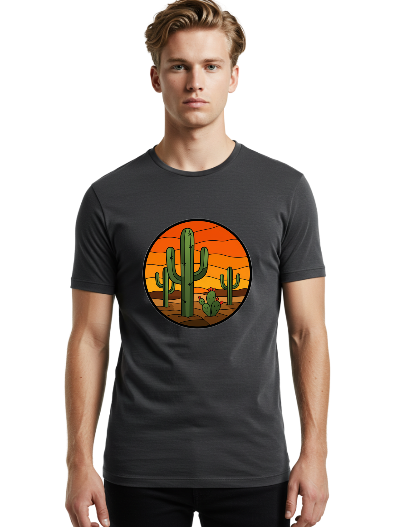 Desert-Cacti-At-Sunset Men'S Graphic Tee, 100% Cotton, Comfortable Casual Summer Wear, Machine Washable, Desert Landscape, Cacti, Saguaro Cactus, Sunset, Orange Sky, Warm Colors, Desert Scenery, Dry Terrain, Prickly Pear Cactus, Bac985