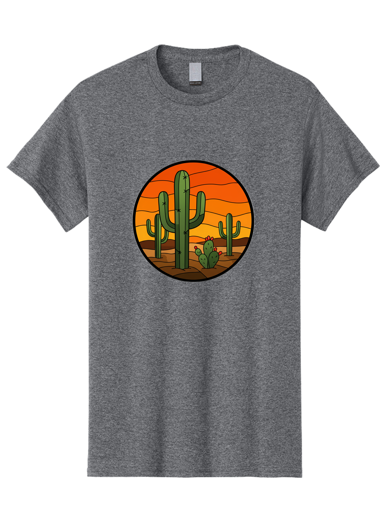 Desert-Cacti-At-Sunset Men'S Graphic Tee, 100% Cotton, Comfortable Casual Summer Wear, Machine Washable, Desert Landscape, Cacti, Saguaro Cactus, Sunset, Orange Sky, Warm Colors, Desert Scenery, Dry Terrain, Prickly Pear Cactus, Bac985