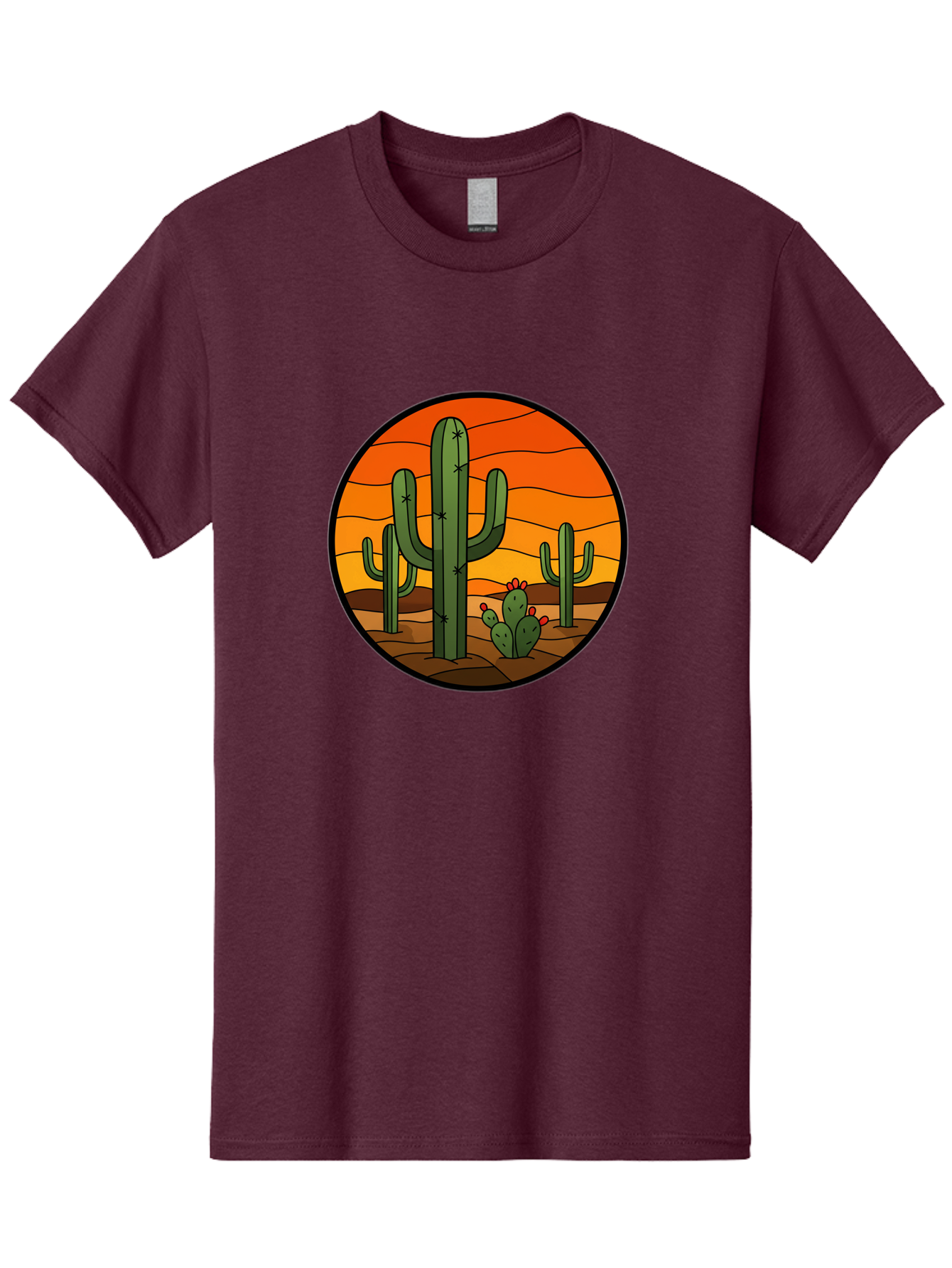 Desert-Cacti-At-Sunset Men'S Graphic Tee, 100% Cotton, Comfortable Casual Summer Wear, Machine Washable, Desert Landscape, Cacti, Saguaro Cactus, Sunset, Orange Sky, Warm Colors, Desert Scenery, Dry Terrain, Prickly Pear Cactus, Bac985
