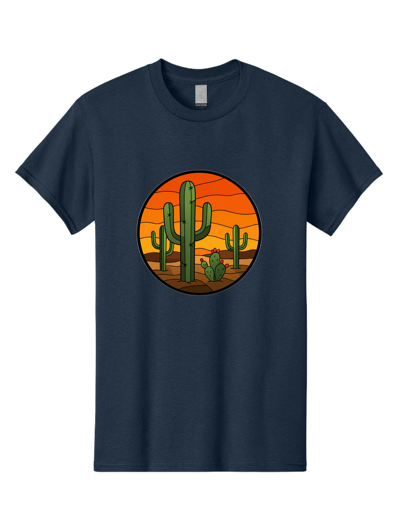 Desert-Cacti-At-Sunset Men'S Graphic Tee, 100% Cotton, Comfortable Casual Summer Wear, Machine Washable, Desert Landscape, Cacti, Saguaro Cactus, Sunset, Orange Sky, Warm Colors, Desert Scenery, Dry Terrain, Prickly Pear Cactus, Bac985