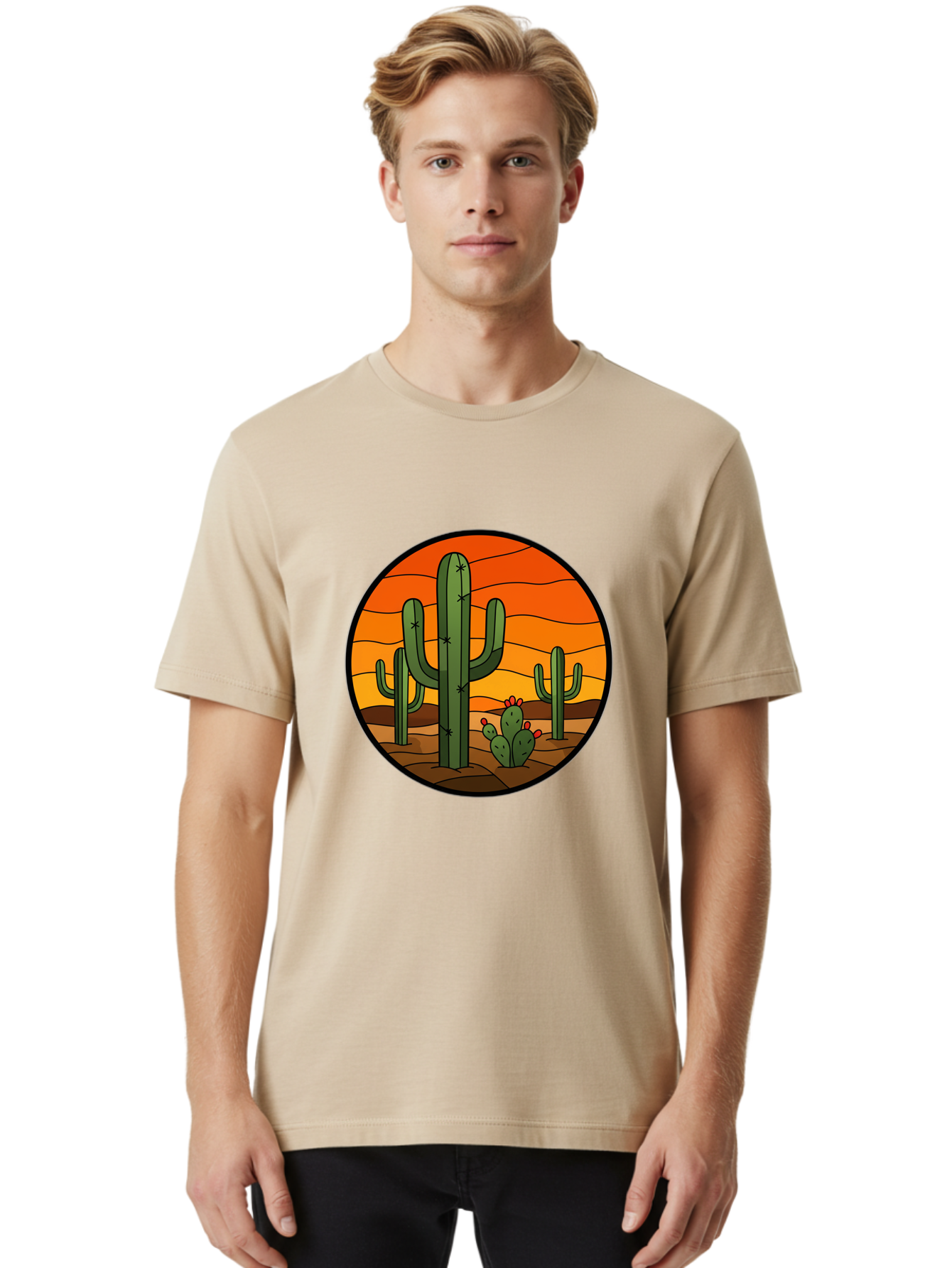 Desert-Cacti-At-Sunset Men'S Graphic Tee, 100% Cotton, Comfortable Casual Summer Wear, Machine Washable, Desert Landscape, Cacti, Saguaro Cactus, Sunset, Orange Sky, Warm Colors, Desert Scenery, Dry Terrain, Prickly Pear Cactus, Bac985
