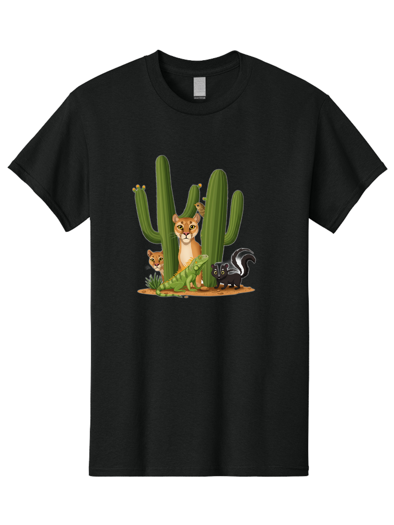 Desert-Fauna Men'S Graphic Tee, 100% Cotton, Comfortable Casual Summer Wear, Machine Washable, Cartoon Mountain Lion, Cactus, Kitten, Lizard, Skunk, Desert Animals, Wildlife, Cartoon Wildlife, Funny Animals, Desert Scenery, Cuddly Animals Bac986