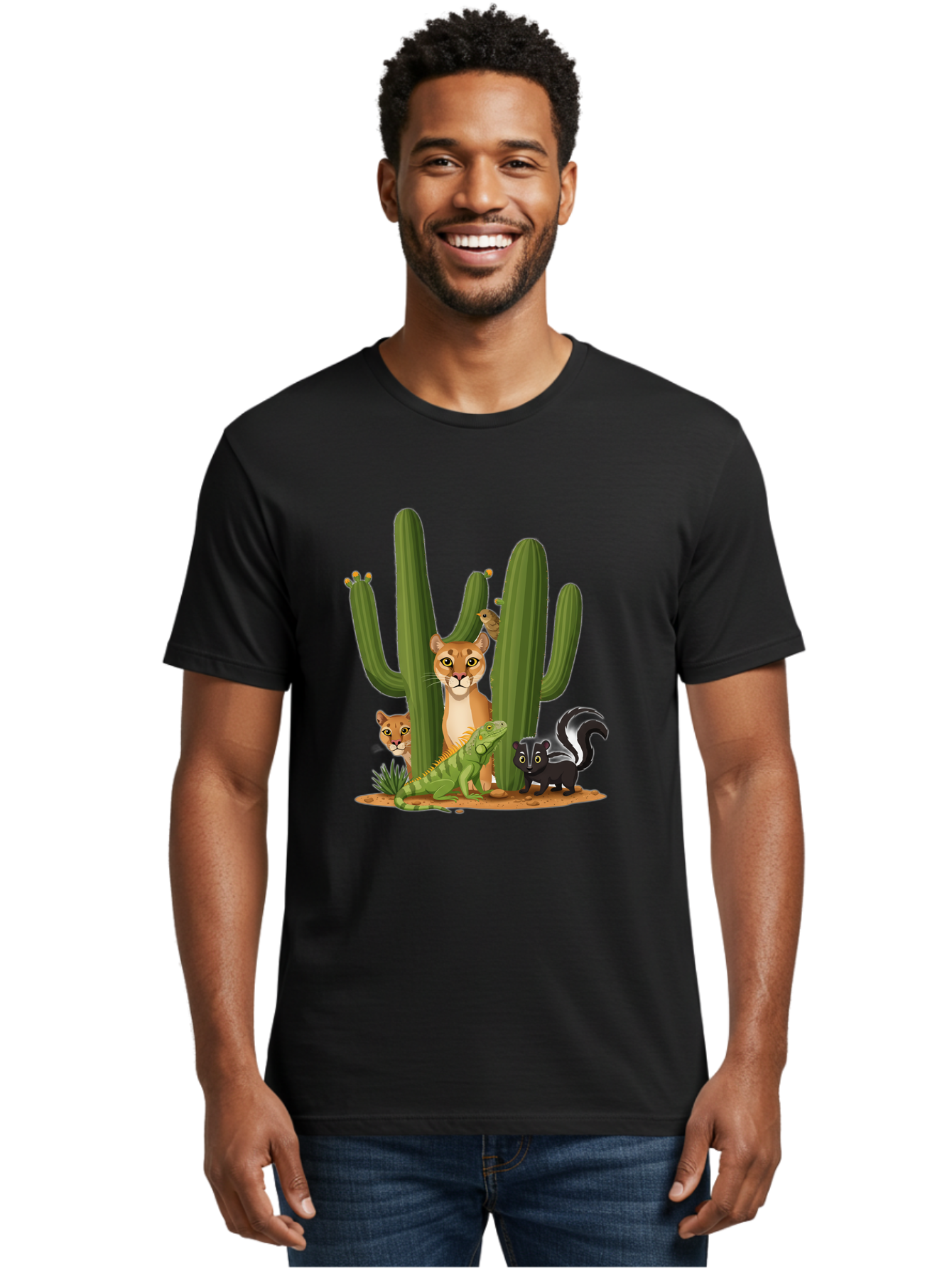 Desert-Fauna Men'S Graphic Tee, 100% Cotton, Comfortable Casual Summer Wear, Machine Washable, Cartoon Mountain Lion, Cactus, Kitten, Lizard, Skunk, Desert Animals, Wildlife, Cartoon Wildlife, Funny Animals, Desert Scenery, Cuddly Animals Bac986