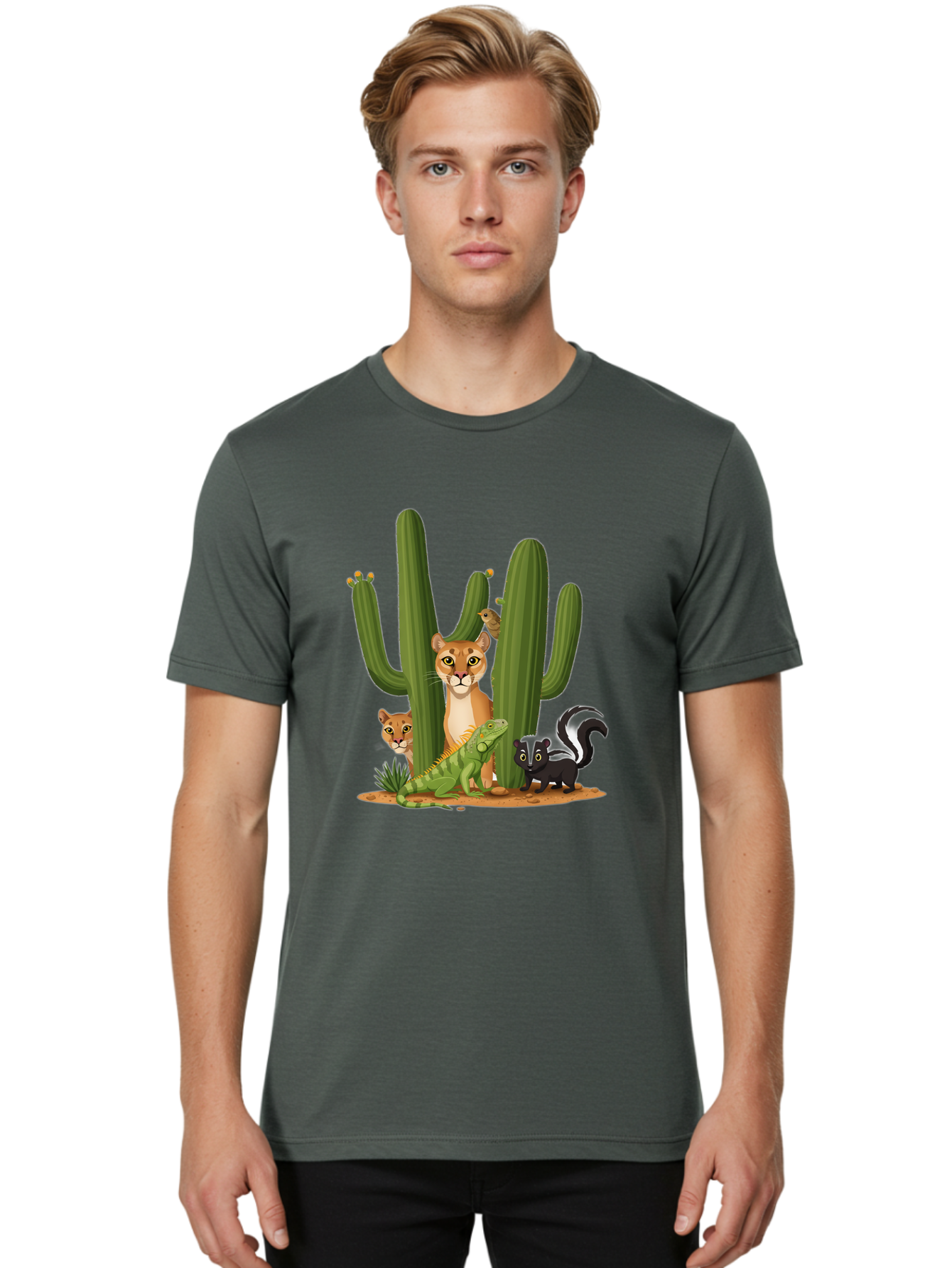 Desert-Fauna Men'S Graphic Tee, 100% Cotton, Comfortable Casual Summer Wear, Machine Washable, Cartoon Mountain Lion, Cactus, Kitten, Lizard, Skunk, Desert Animals, Wildlife, Cartoon Wildlife, Funny Animals, Desert Scenery, Cuddly Animals Bac986