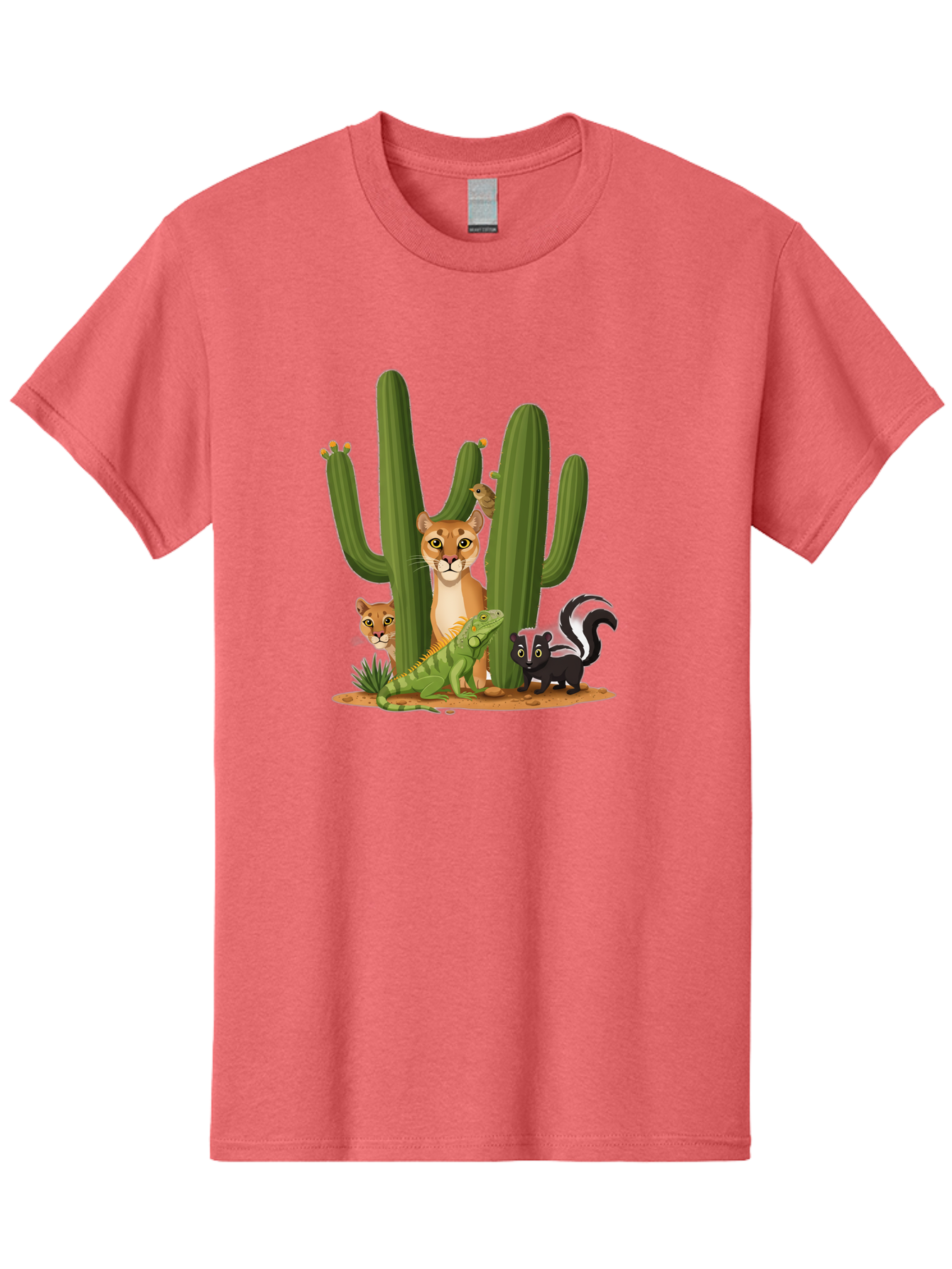 Desert-Fauna Men'S Graphic Tee, 100% Cotton, Comfortable Casual Summer Wear, Machine Washable, Cartoon Mountain Lion, Cactus, Kitten, Lizard, Skunk, Desert Animals, Wildlife, Cartoon Wildlife, Funny Animals, Desert Scenery, Cuddly Animals Bac986