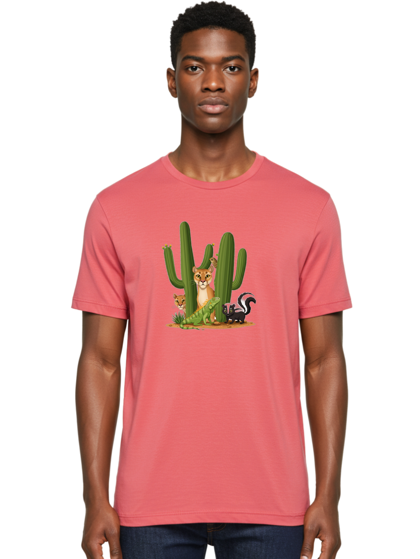 Desert-Fauna Men'S Graphic Tee, 100% Cotton, Comfortable Casual Summer Wear, Machine Washable, Cartoon Mountain Lion, Cactus, Kitten, Lizard, Skunk, Desert Animals, Wildlife, Cartoon Wildlife, Funny Animals, Desert Scenery, Cuddly Animals Bac986