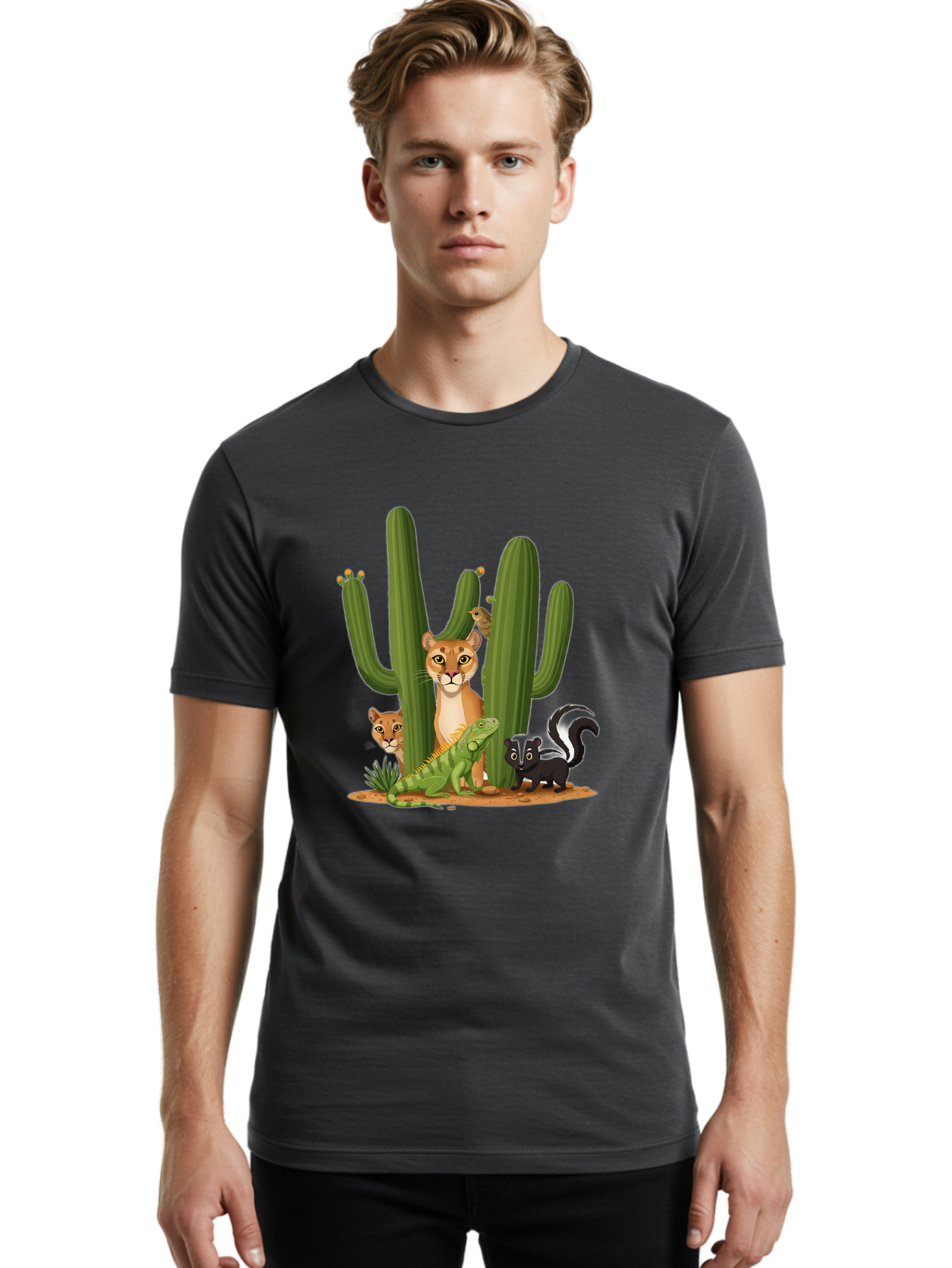 Desert-Fauna Men'S Graphic Tee, 100% Cotton, Comfortable Casual Summer Wear, Machine Washable, Cartoon Mountain Lion, Cactus, Kitten, Lizard, Skunk, Desert Animals, Wildlife, Cartoon Wildlife, Funny Animals, Desert Scenery, Cuddly Animals Bac986