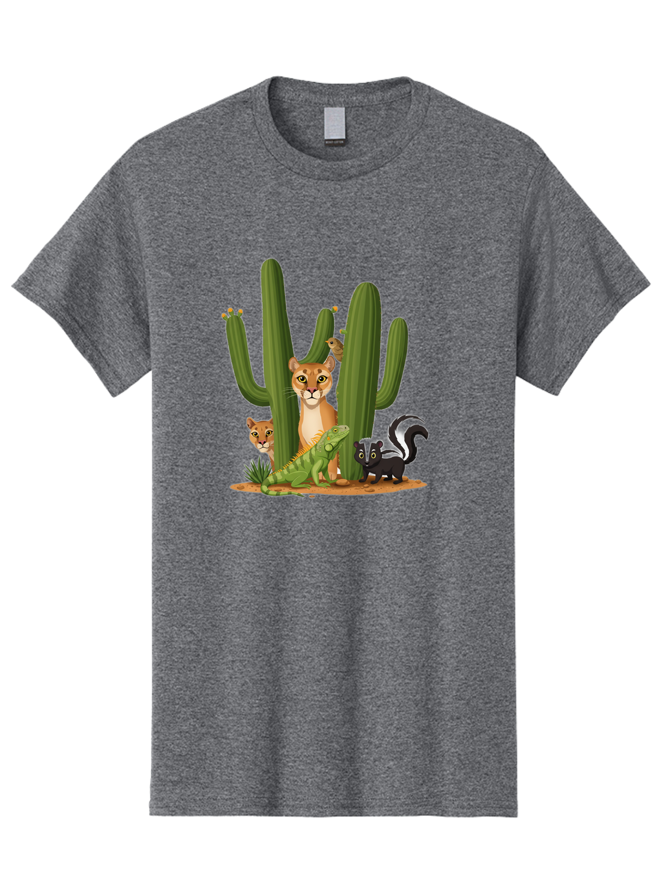 Desert-Fauna Men'S Graphic Tee, 100% Cotton, Comfortable Casual Summer Wear, Machine Washable, Cartoon Mountain Lion, Cactus, Kitten, Lizard, Skunk, Desert Animals, Wildlife, Cartoon Wildlife, Funny Animals, Desert Scenery, Cuddly Animals Bac986