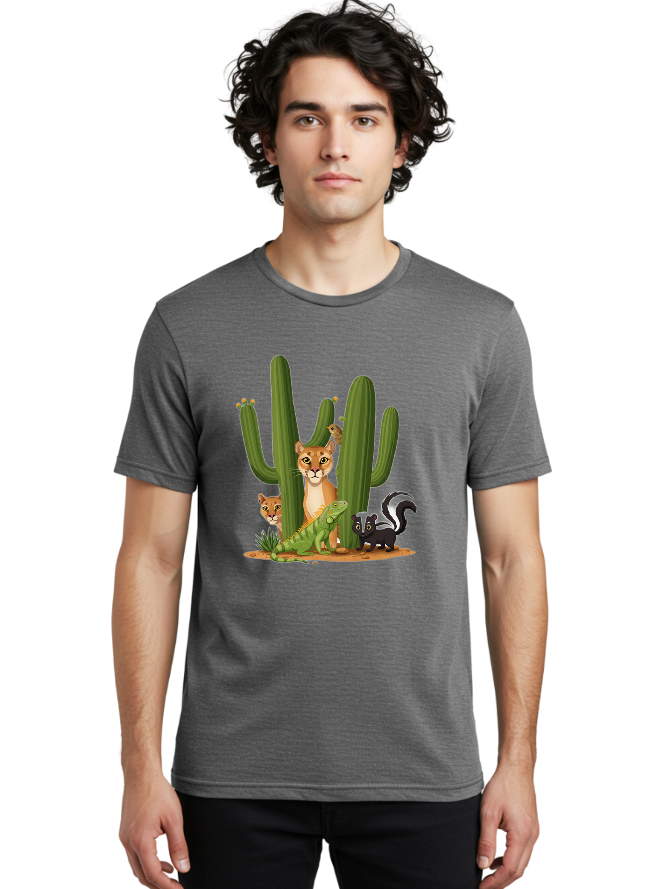 Desert-Fauna Men'S Graphic Tee, 100% Cotton, Comfortable Casual Summer Wear, Machine Washable, Cartoon Mountain Lion, Cactus, Kitten, Lizard, Skunk, Desert Animals, Wildlife, Cartoon Wildlife, Funny Animals, Desert Scenery, Cuddly Animals Bac986