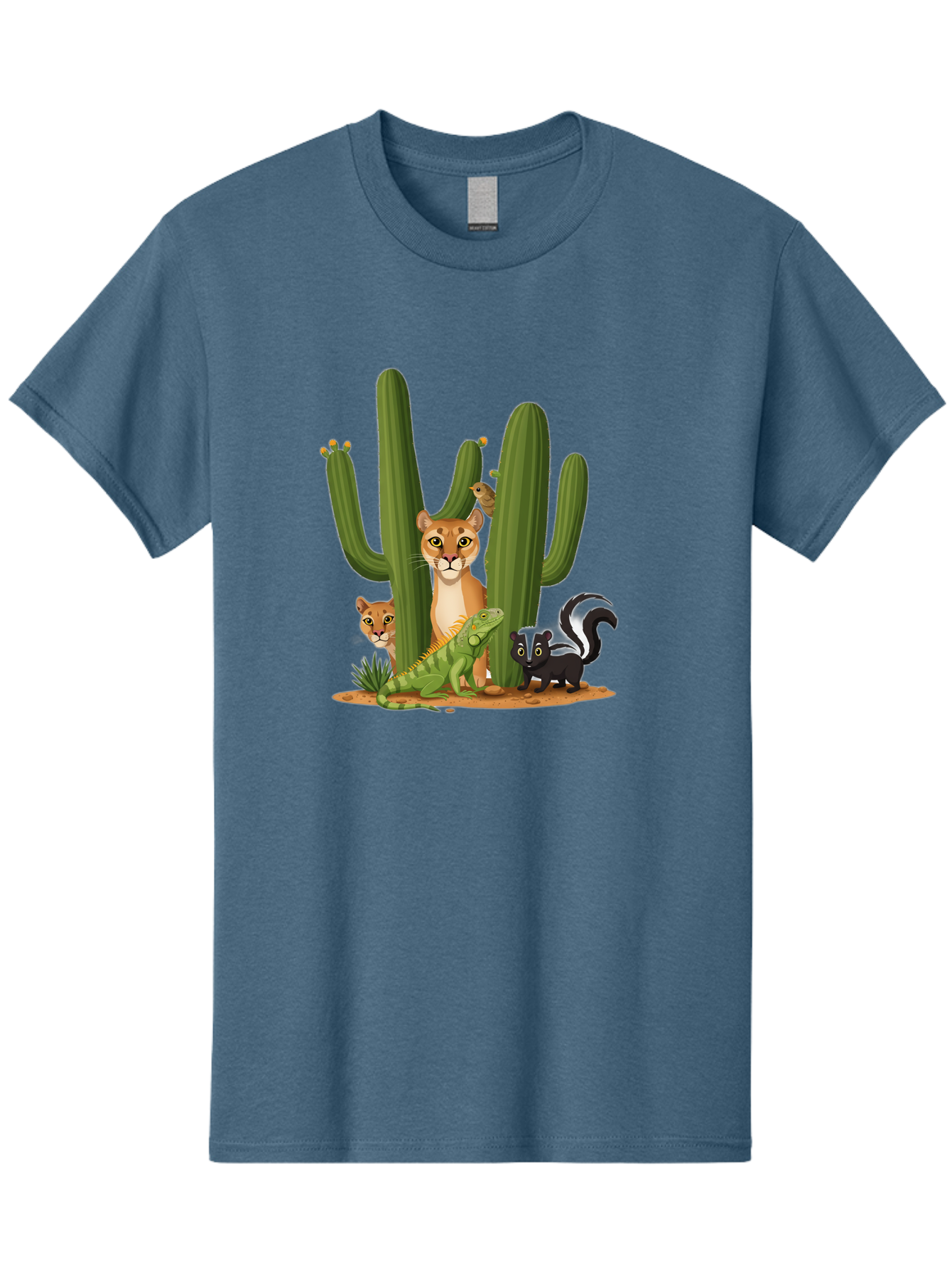 Desert-Fauna Men'S Graphic Tee, 100% Cotton, Comfortable Casual Summer Wear, Machine Washable, Cartoon Mountain Lion, Cactus, Kitten, Lizard, Skunk, Desert Animals, Wildlife, Cartoon Wildlife, Funny Animals, Desert Scenery, Cuddly Animals Bac986