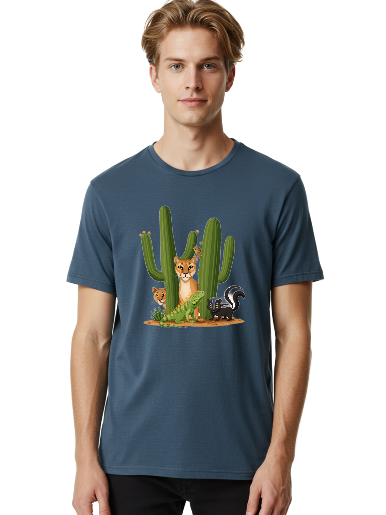 Desert-Fauna Men'S Graphic Tee, 100% Cotton, Comfortable Casual Summer Wear, Machine Washable, Cartoon Mountain Lion, Cactus, Kitten, Lizard, Skunk, Desert Animals, Wildlife, Cartoon Wildlife, Funny Animals, Desert Scenery, Cuddly Animals Bac986