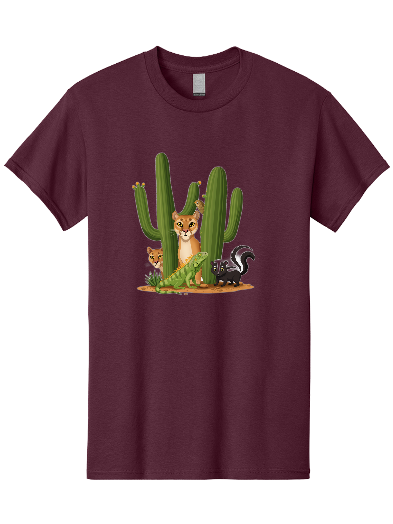 Desert-Fauna Men'S Graphic Tee, 100% Cotton, Comfortable Casual Summer Wear, Machine Washable, Cartoon Mountain Lion, Cactus, Kitten, Lizard, Skunk, Desert Animals, Wildlife, Cartoon Wildlife, Funny Animals, Desert Scenery, Cuddly Animals Bac986