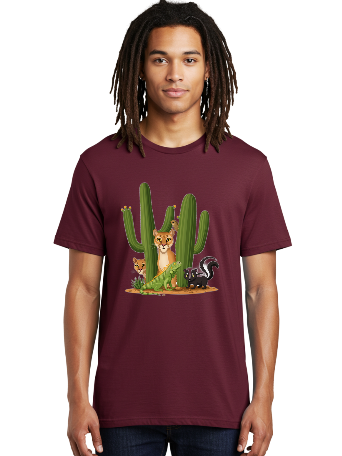 Desert-Fauna Men'S Graphic Tee, 100% Cotton, Comfortable Casual Summer Wear, Machine Washable, Cartoon Mountain Lion, Cactus, Kitten, Lizard, Skunk, Desert Animals, Wildlife, Cartoon Wildlife, Funny Animals, Desert Scenery, Cuddly Animals Bac986