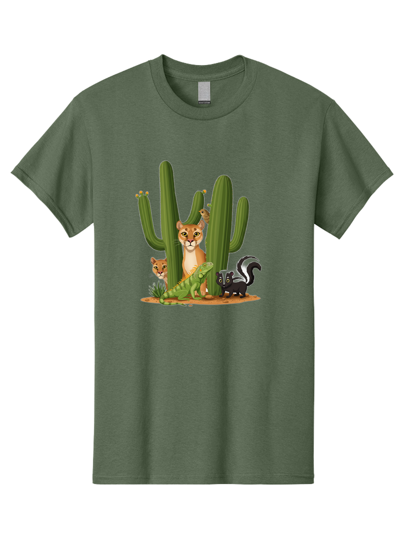 Desert-Fauna Men'S Graphic Tee, 100% Cotton, Comfortable Casual Summer Wear, Machine Washable, Cartoon Mountain Lion, Cactus, Kitten, Lizard, Skunk, Desert Animals, Wildlife, Cartoon Wildlife, Funny Animals, Desert Scenery, Cuddly Animals Bac986