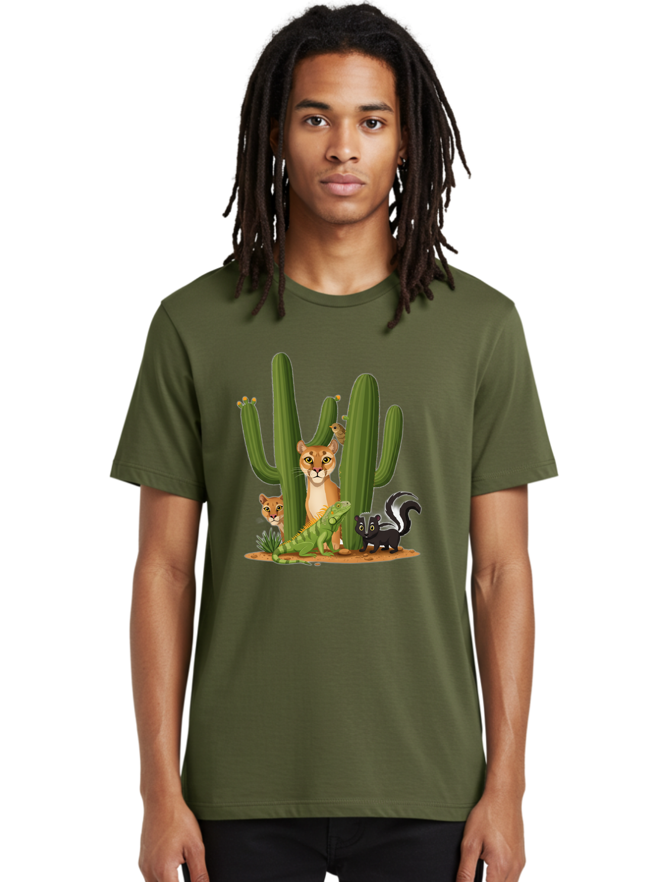 Desert-Fauna Men'S Graphic Tee, 100% Cotton, Comfortable Casual Summer Wear, Machine Washable, Cartoon Mountain Lion, Cactus, Kitten, Lizard, Skunk, Desert Animals, Wildlife, Cartoon Wildlife, Funny Animals, Desert Scenery, Cuddly Animals Bac986