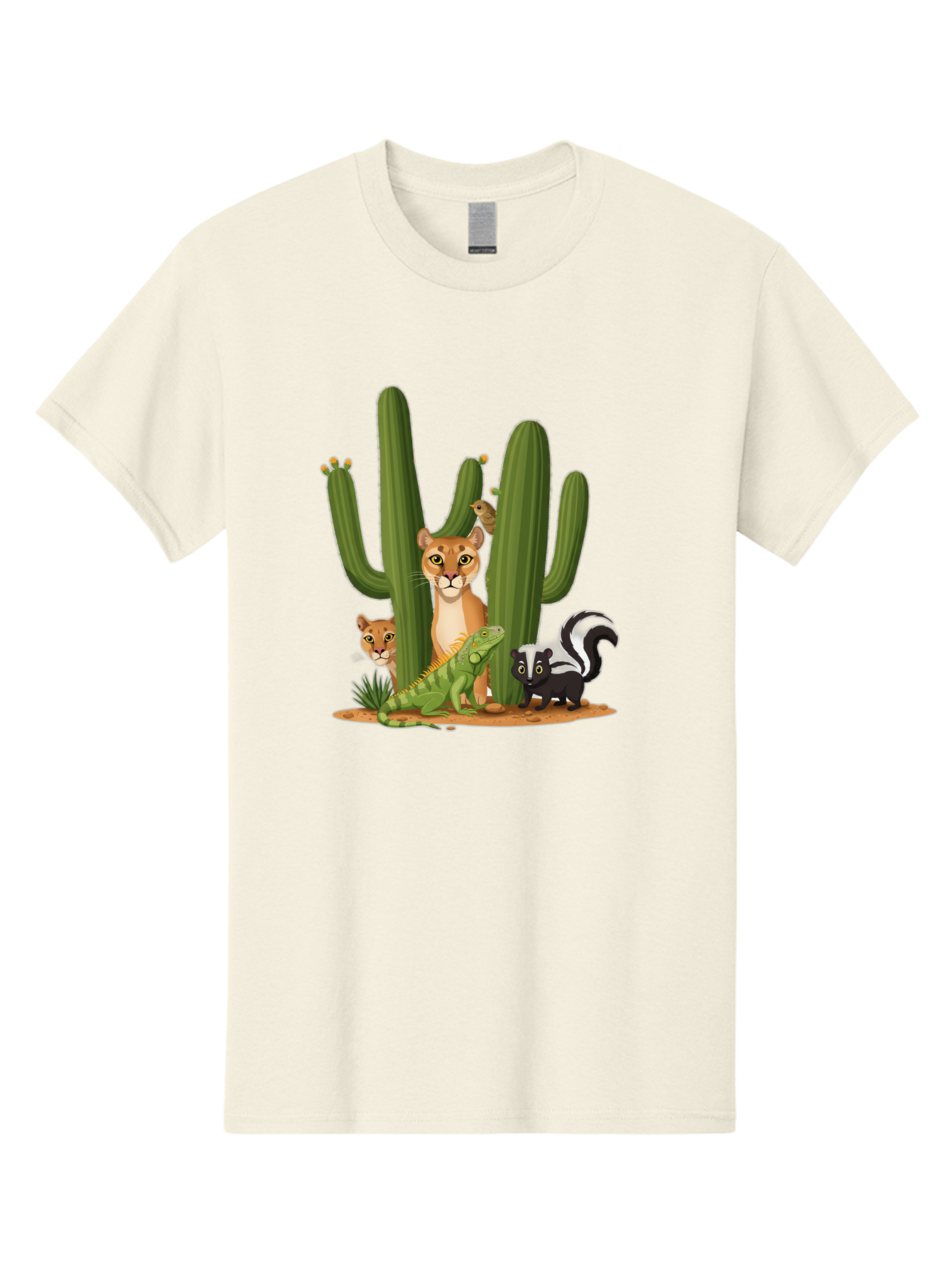 Desert-Fauna Men'S Graphic Tee, 100% Cotton, Comfortable Casual Summer Wear, Machine Washable, Cartoon Mountain Lion, Cactus, Kitten, Lizard, Skunk, Desert Animals, Wildlife, Cartoon Wildlife, Funny Animals, Desert Scenery, Cuddly Animals Bac986