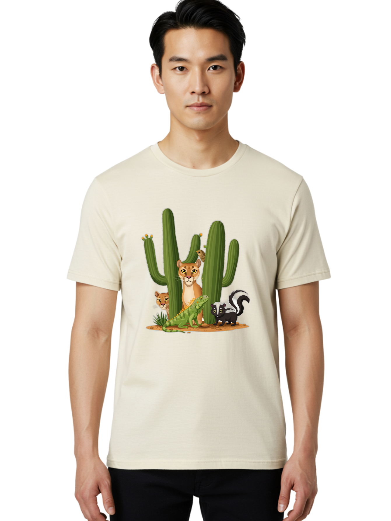 Desert-Fauna Men'S Graphic Tee, 100% Cotton, Comfortable Casual Summer Wear, Machine Washable, Cartoon Mountain Lion, Cactus, Kitten, Lizard, Skunk, Desert Animals, Wildlife, Cartoon Wildlife, Funny Animals, Desert Scenery, Cuddly Animals Bac986
