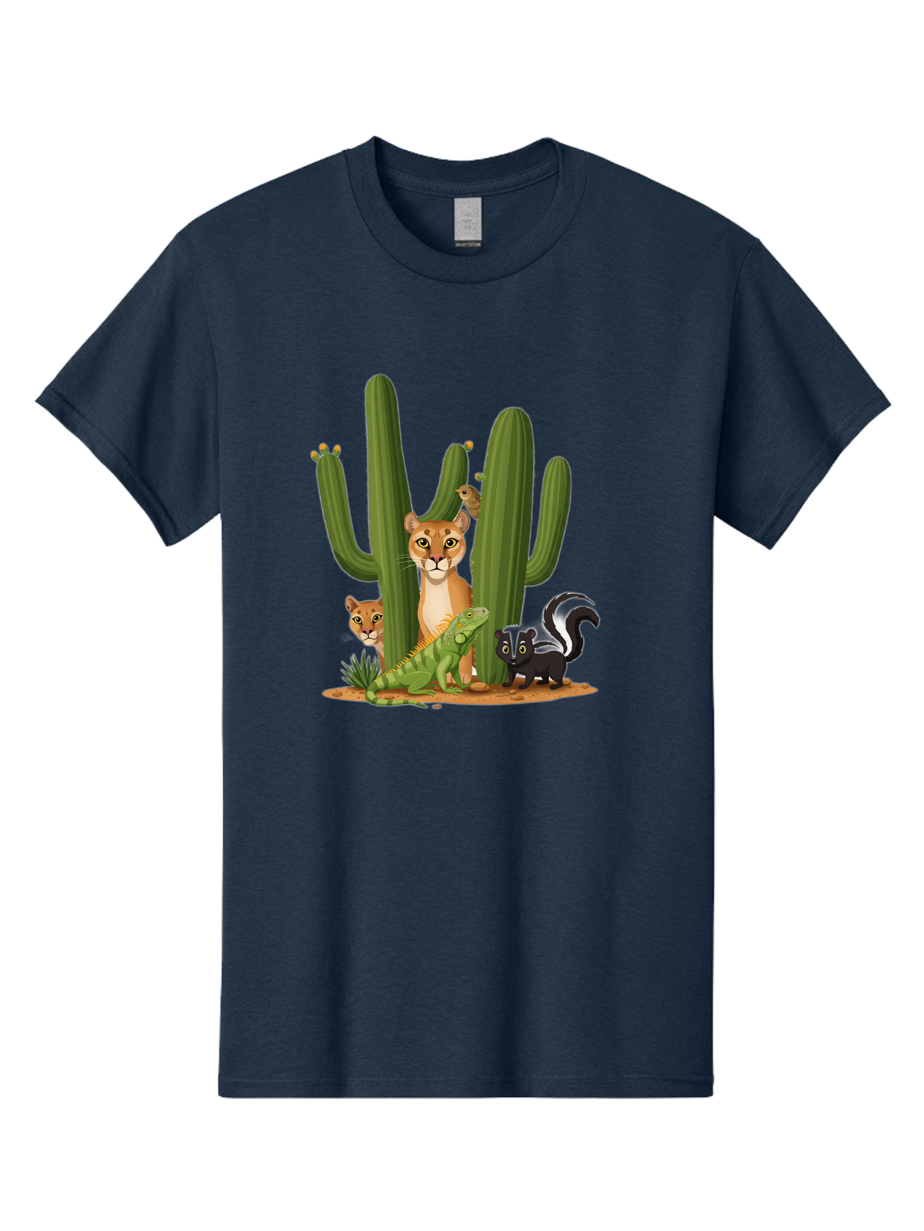 Desert-Fauna Men'S Graphic Tee, 100% Cotton, Comfortable Casual Summer Wear, Machine Washable, Cartoon Mountain Lion, Cactus, Kitten, Lizard, Skunk, Desert Animals, Wildlife, Cartoon Wildlife, Funny Animals, Desert Scenery, Cuddly Animals Bac986