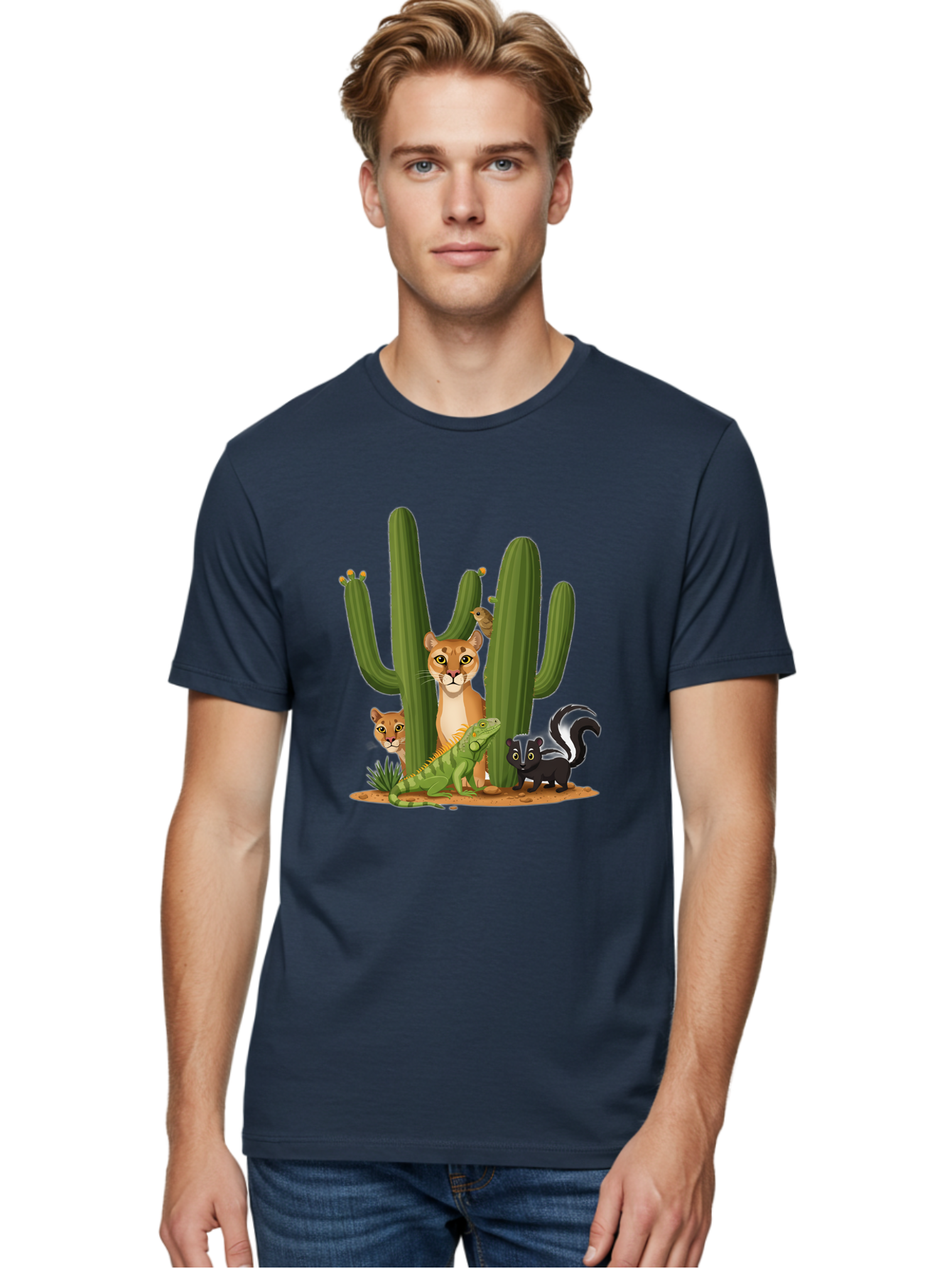 Desert-Fauna Men'S Graphic Tee, 100% Cotton, Comfortable Casual Summer Wear, Machine Washable, Cartoon Mountain Lion, Cactus, Kitten, Lizard, Skunk, Desert Animals, Wildlife, Cartoon Wildlife, Funny Animals, Desert Scenery, Cuddly Animals Bac986