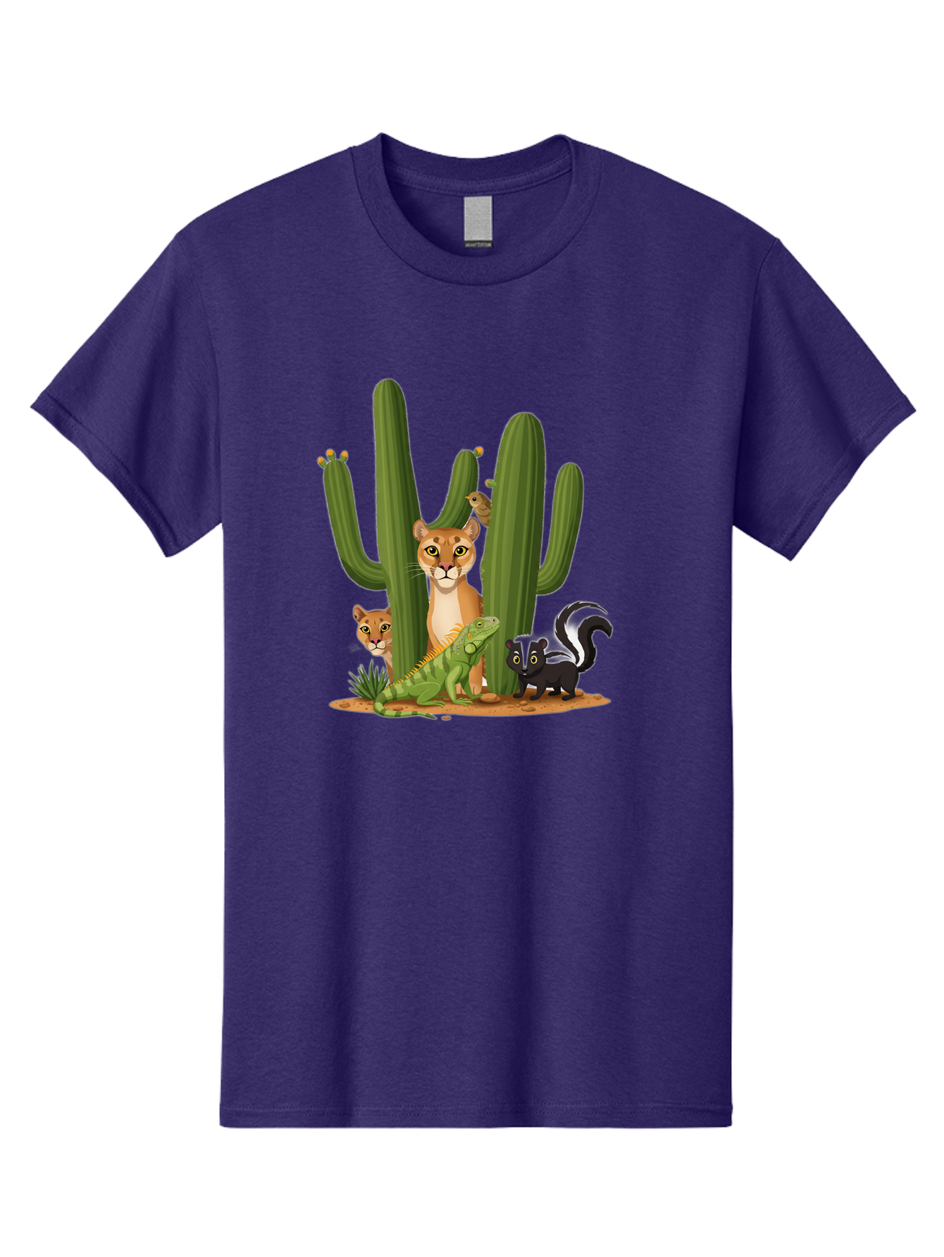 Desert-Fauna Men'S Graphic Tee, 100% Cotton, Comfortable Casual Summer Wear, Machine Washable, Cartoon Mountain Lion, Cactus, Kitten, Lizard, Skunk, Desert Animals, Wildlife, Cartoon Wildlife, Funny Animals, Desert Scenery, Cuddly Animals Bac986
