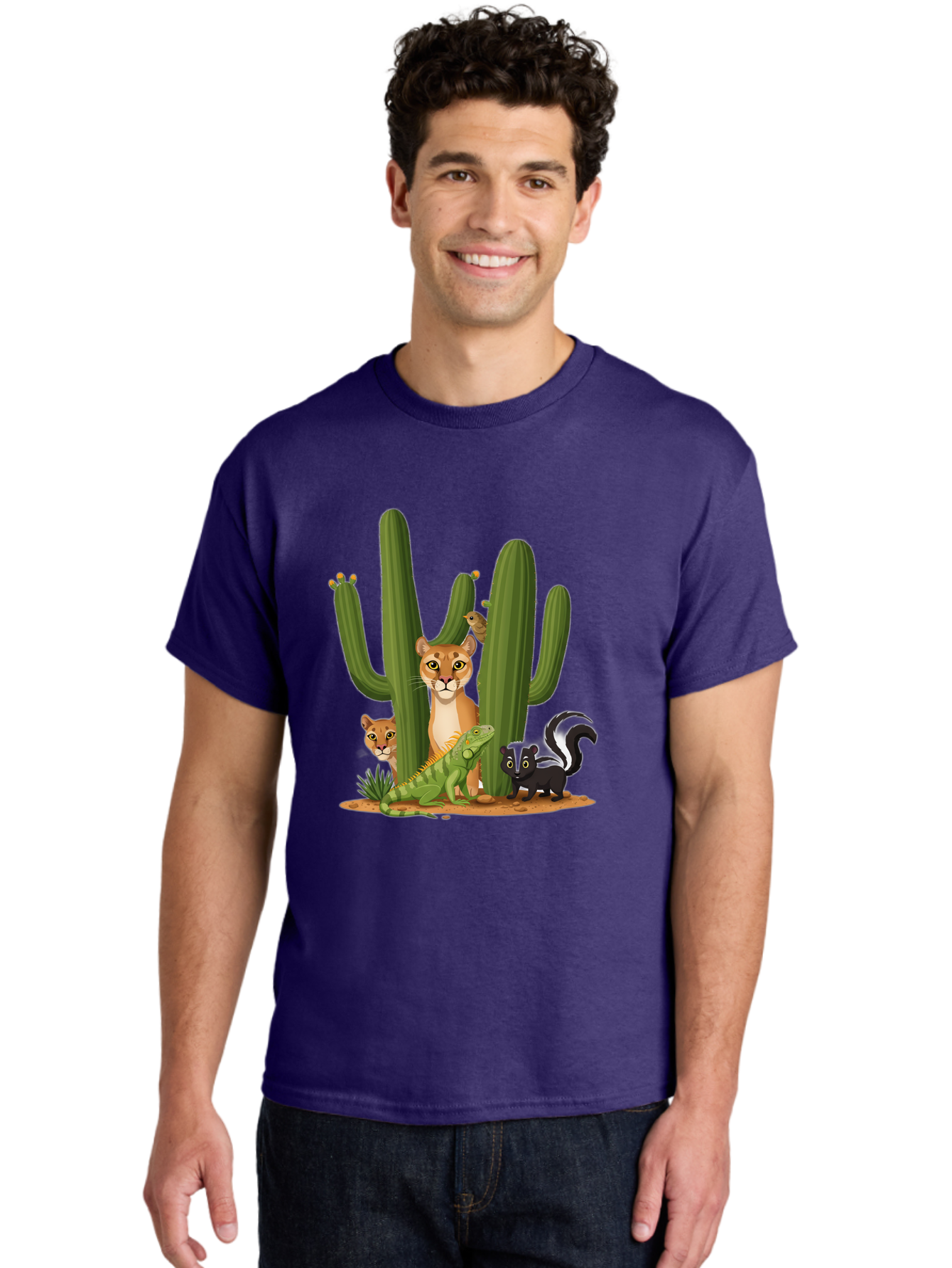 Desert-Fauna Men'S Graphic Tee, 100% Cotton, Comfortable Casual Summer Wear, Machine Washable, Cartoon Mountain Lion, Cactus, Kitten, Lizard, Skunk, Desert Animals, Wildlife, Cartoon Wildlife, Funny Animals, Desert Scenery, Cuddly Animals Bac986