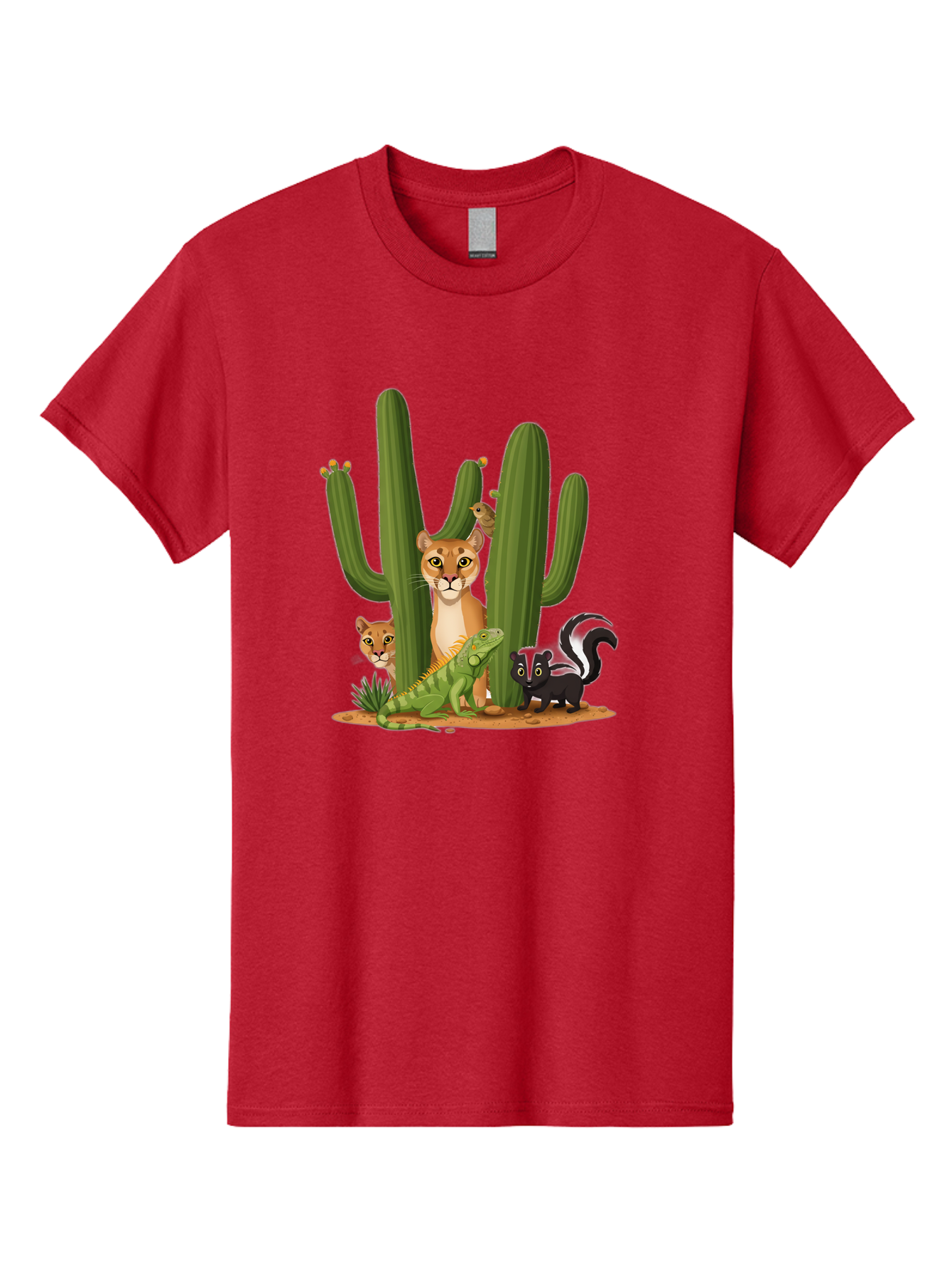 Desert-Fauna Men'S Graphic Tee, 100% Cotton, Comfortable Casual Summer Wear, Machine Washable, Cartoon Mountain Lion, Cactus, Kitten, Lizard, Skunk, Desert Animals, Wildlife, Cartoon Wildlife, Funny Animals, Desert Scenery, Cuddly Animals Bac986