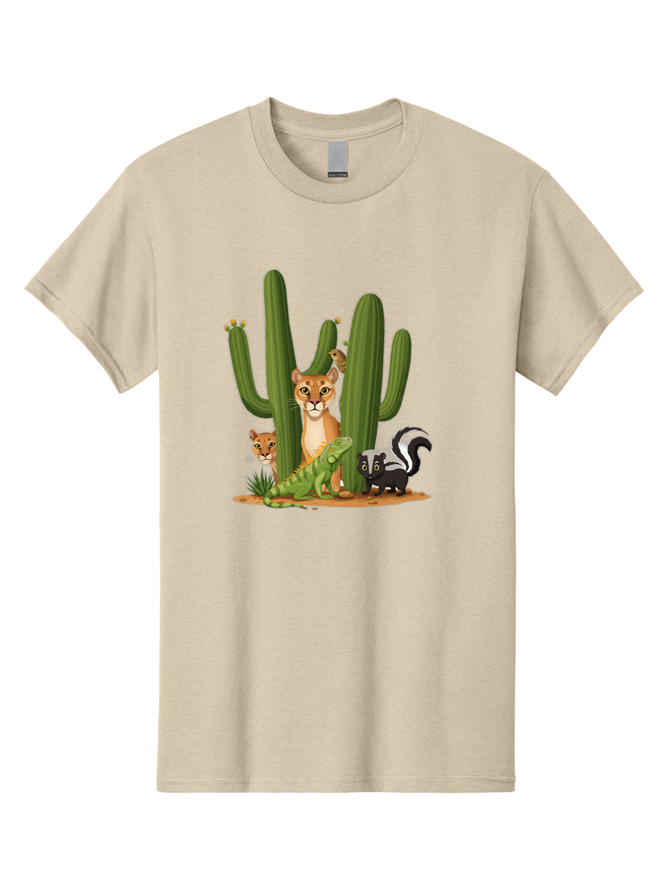 Desert-Fauna Men'S Graphic Tee, 100% Cotton, Comfortable Casual Summer Wear, Machine Washable, Cartoon Mountain Lion, Cactus, Kitten, Lizard, Skunk, Desert Animals, Wildlife, Cartoon Wildlife, Funny Animals, Desert Scenery, Cuddly Animals Bac986