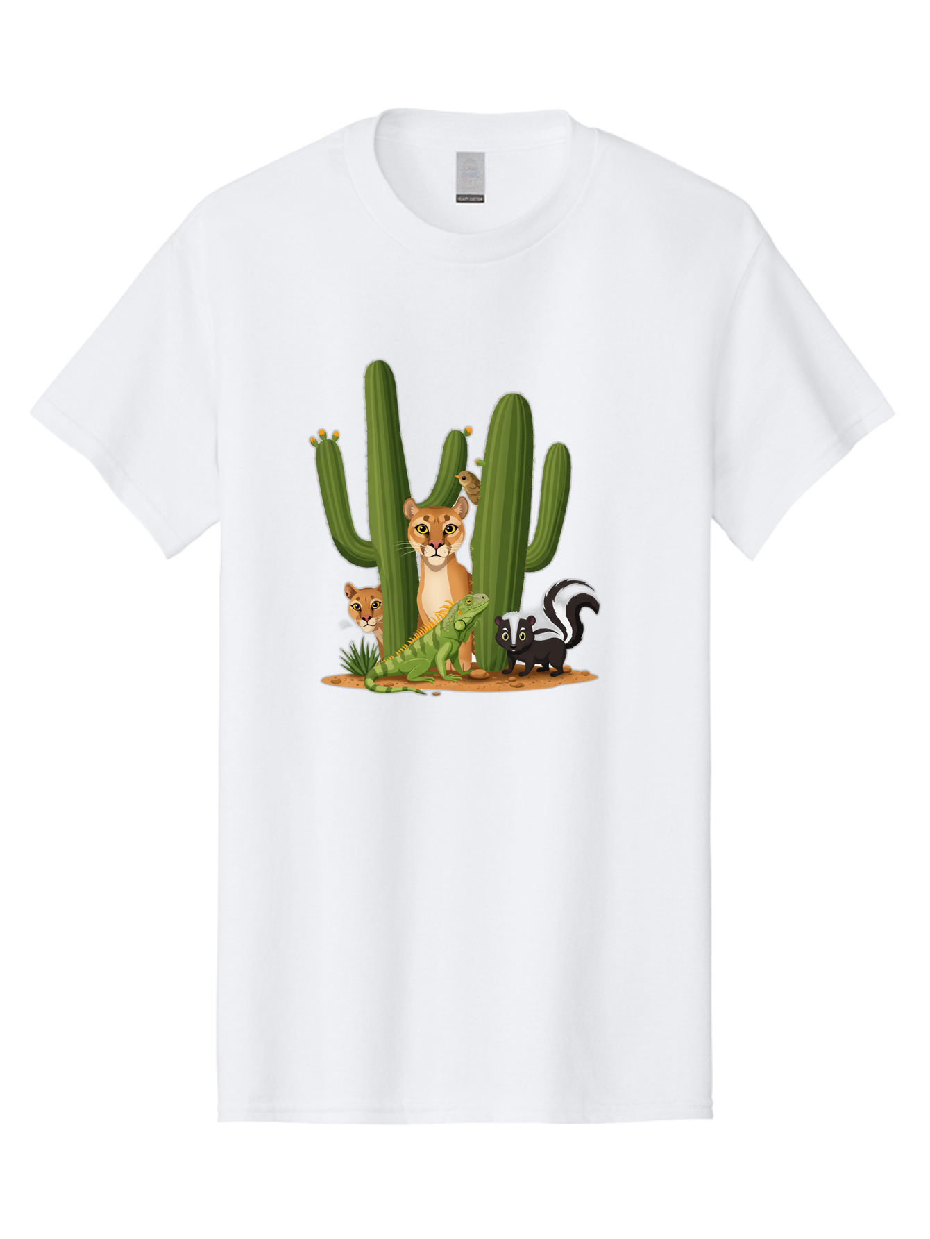 Desert-Fauna Men'S Graphic Tee, 100% Cotton, Comfortable Casual Summer Wear, Machine Washable, Cartoon Mountain Lion, Cactus, Kitten, Lizard, Skunk, Desert Animals, Wildlife, Cartoon Wildlife, Funny Animals, Desert Scenery, Cuddly Animals Bac986