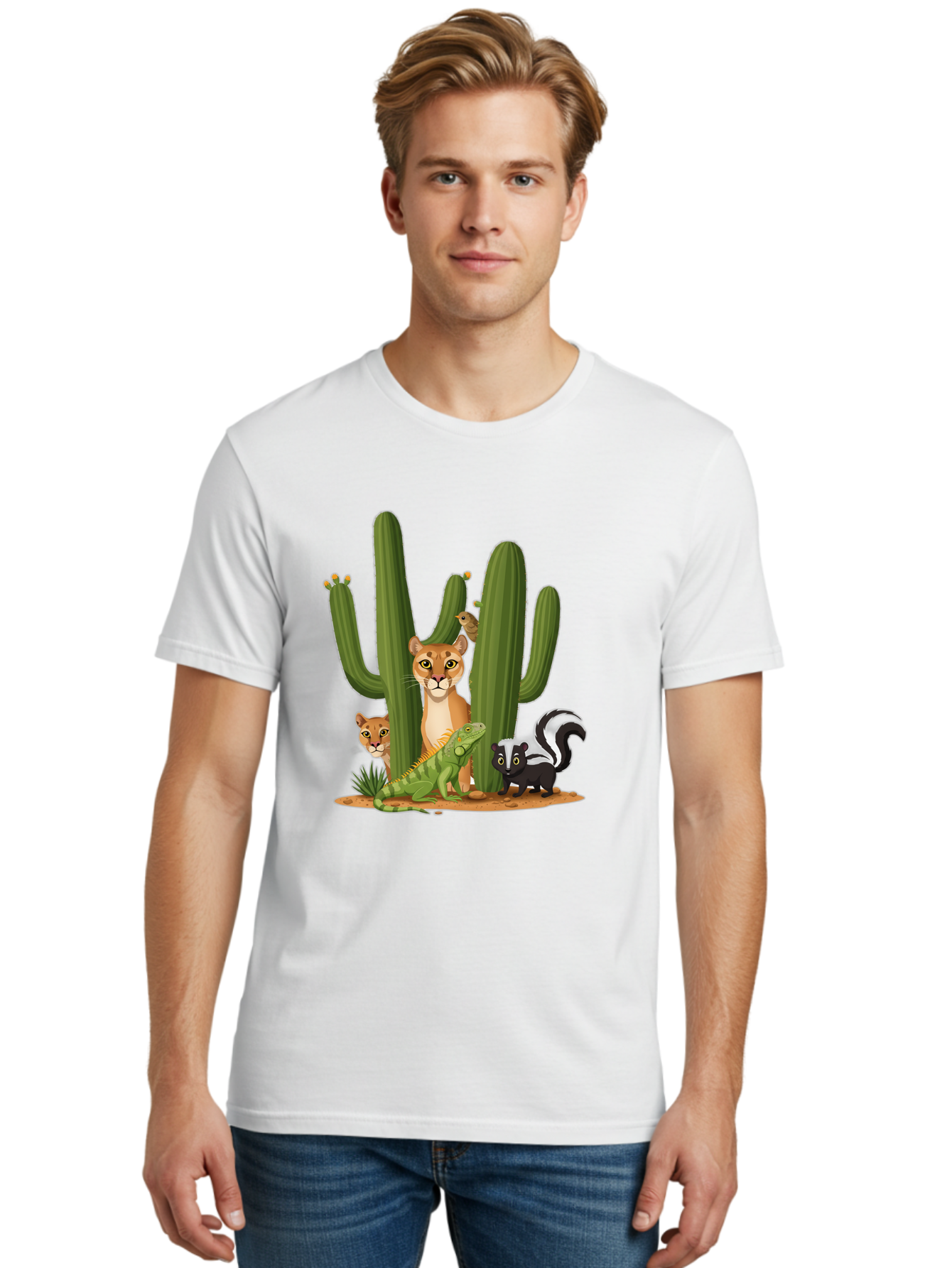 Desert-Fauna Men'S Graphic Tee, 100% Cotton, Comfortable Casual Summer Wear, Machine Washable, Cartoon Mountain Lion, Cactus, Kitten, Lizard, Skunk, Desert Animals, Wildlife, Cartoon Wildlife, Funny Animals, Desert Scenery, Cuddly Animals Bac986