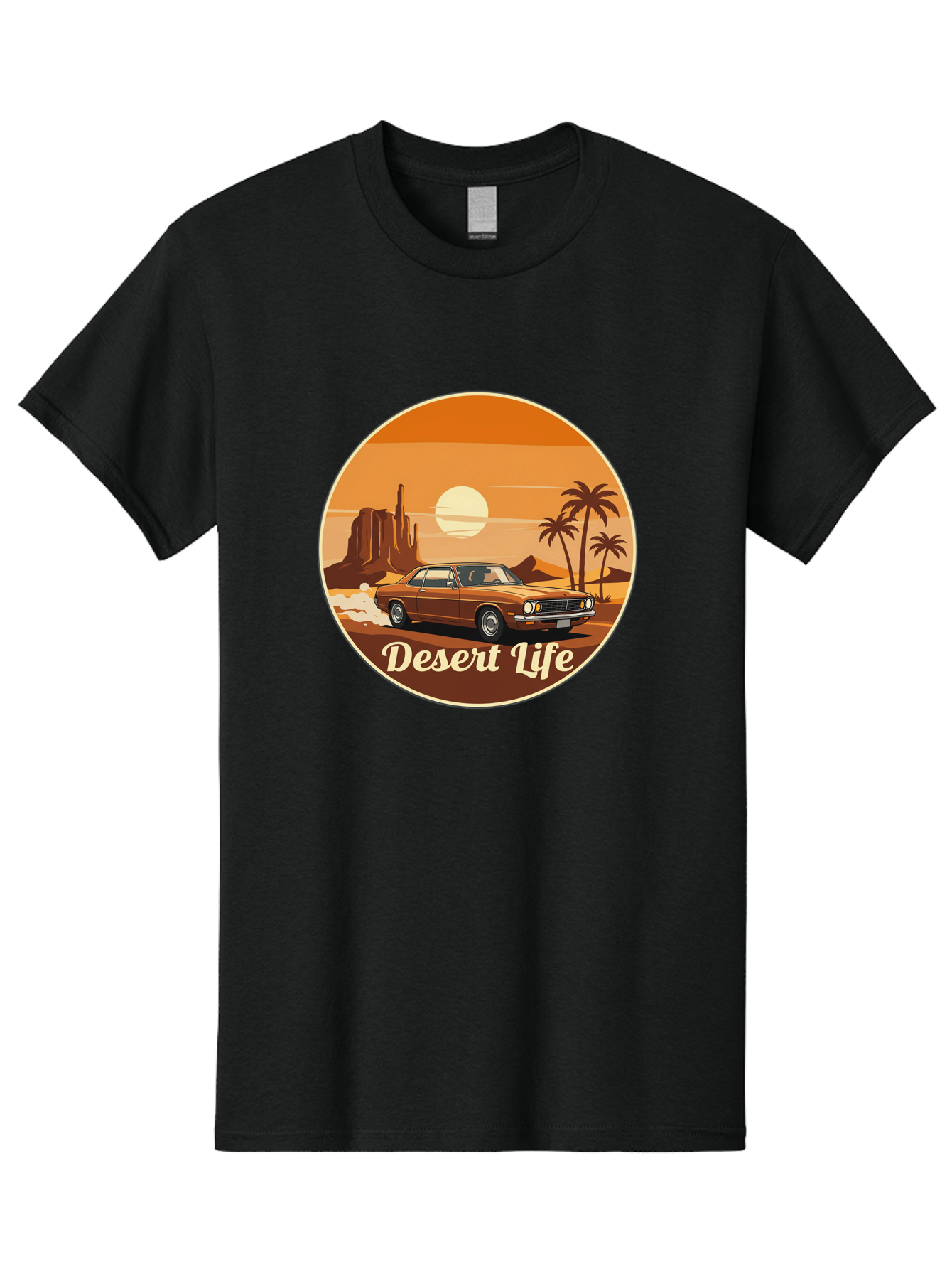 Desert-Life-1 Men'S Graphic Tee, 100% Cotton, Comfortable Casual Summer Wear, Machine Washable, Vintage Car, Desert Landscape, Rocky Formation, Palm Trees, Sunset, Orange Hues, Classic Automobile, Adventure, Travel, Freedom, Nostalgia, Bac987