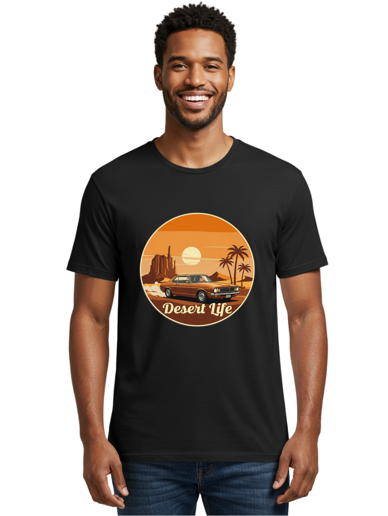 Desert-Life-1 Men'S Graphic Tee, 100% Cotton, Comfortable Casual Summer Wear, Machine Washable, Vintage Car, Desert Landscape, Rocky Formation, Palm Trees, Sunset, Orange Hues, Classic Automobile, Adventure, Travel, Freedom, Nostalgia, Bac987