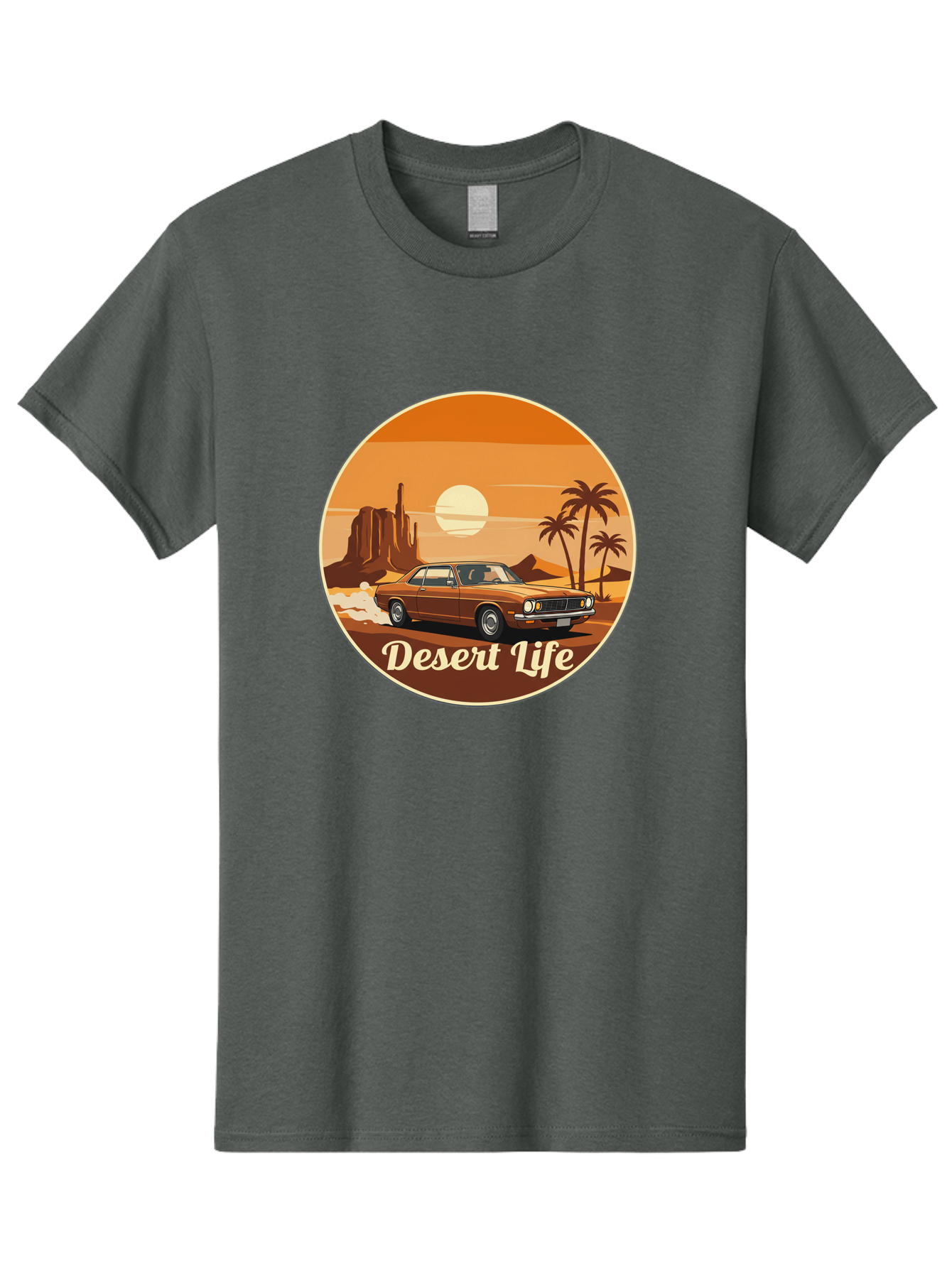 Desert-Life-1 Men'S Graphic Tee, 100% Cotton, Comfortable Casual Summer Wear, Machine Washable, Vintage Car, Desert Landscape, Rocky Formation, Palm Trees, Sunset, Orange Hues, Classic Automobile, Adventure, Travel, Freedom, Nostalgia, Bac987