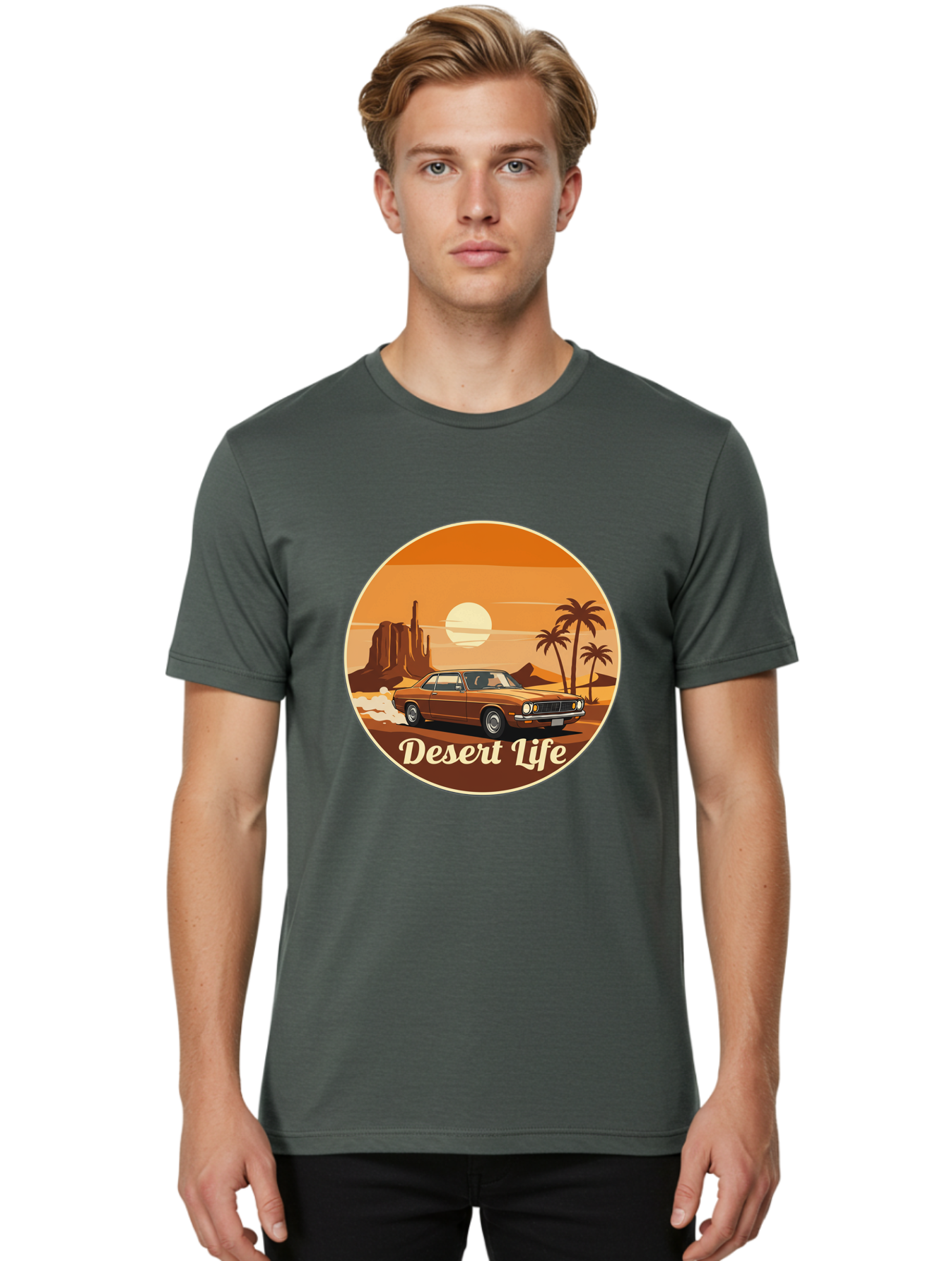 Desert-Life-1 Men'S Graphic Tee, 100% Cotton, Comfortable Casual Summer Wear, Machine Washable, Vintage Car, Desert Landscape, Rocky Formation, Palm Trees, Sunset, Orange Hues, Classic Automobile, Adventure, Travel, Freedom, Nostalgia, Bac987
