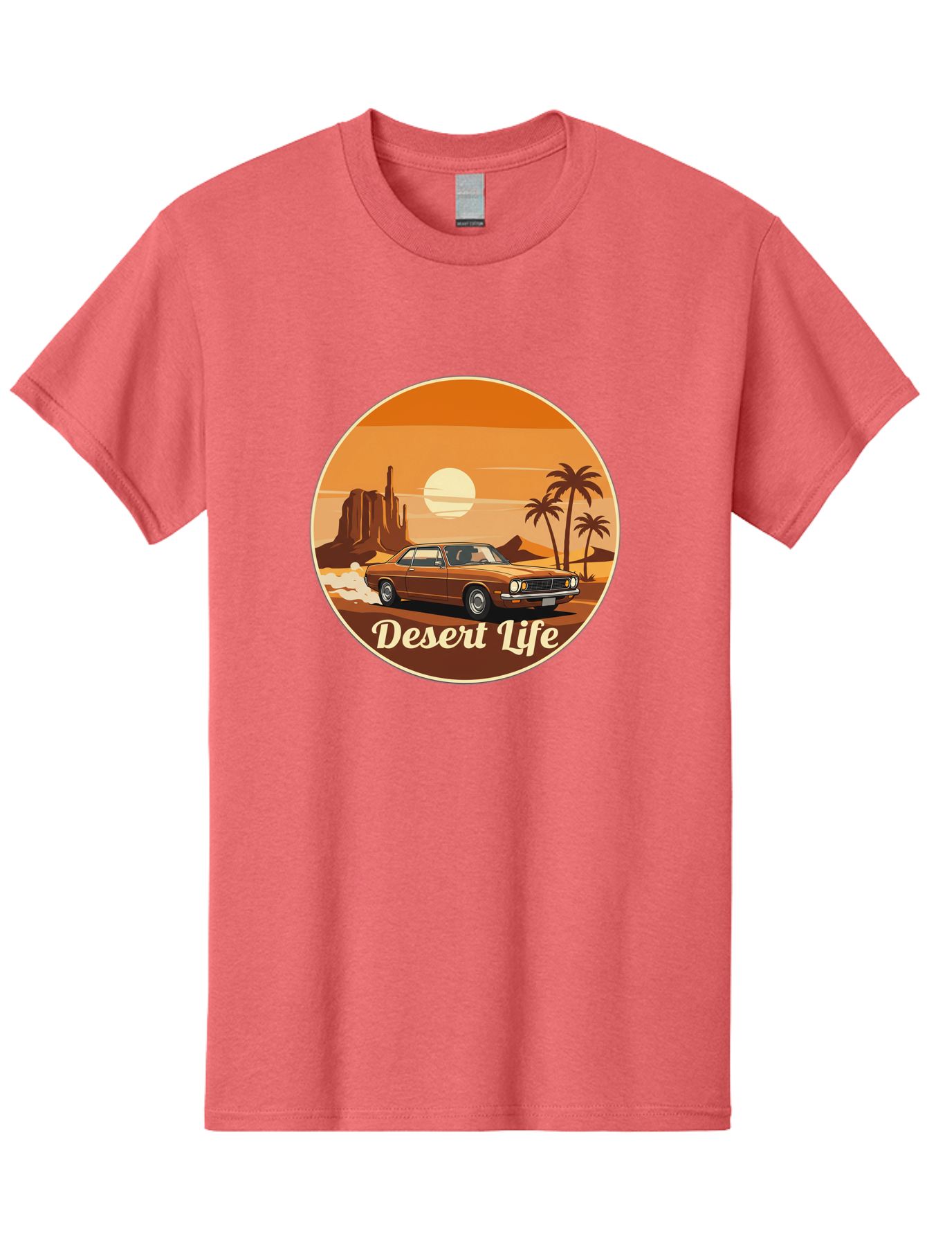 Desert-Life-1 Men'S Graphic Tee, 100% Cotton, Comfortable Casual Summer Wear, Machine Washable, Vintage Car, Desert Landscape, Rocky Formation, Palm Trees, Sunset, Orange Hues, Classic Automobile, Adventure, Travel, Freedom, Nostalgia, Bac987