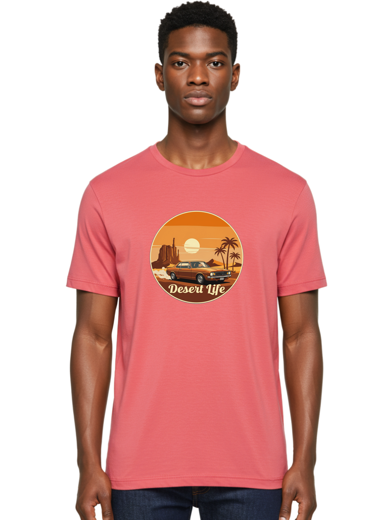 Desert-Life-1 Men'S Graphic Tee, 100% Cotton, Comfortable Casual Summer Wear, Machine Washable, Vintage Car, Desert Landscape, Rocky Formation, Palm Trees, Sunset, Orange Hues, Classic Automobile, Adventure, Travel, Freedom, Nostalgia, Bac987