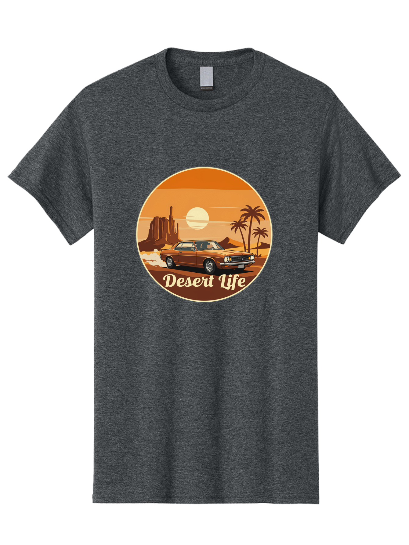 Desert-Life-1 Men'S Graphic Tee, 100% Cotton, Comfortable Casual Summer Wear, Machine Washable, Vintage Car, Desert Landscape, Rocky Formation, Palm Trees, Sunset, Orange Hues, Classic Automobile, Adventure, Travel, Freedom, Nostalgia, Bac987