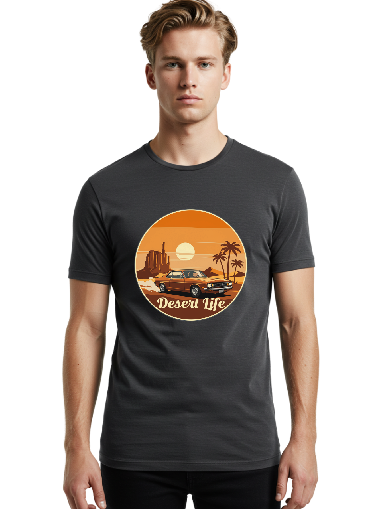 Desert-Life-1 Men'S Graphic Tee, 100% Cotton, Comfortable Casual Summer Wear, Machine Washable, Vintage Car, Desert Landscape, Rocky Formation, Palm Trees, Sunset, Orange Hues, Classic Automobile, Adventure, Travel, Freedom, Nostalgia, Bac987
